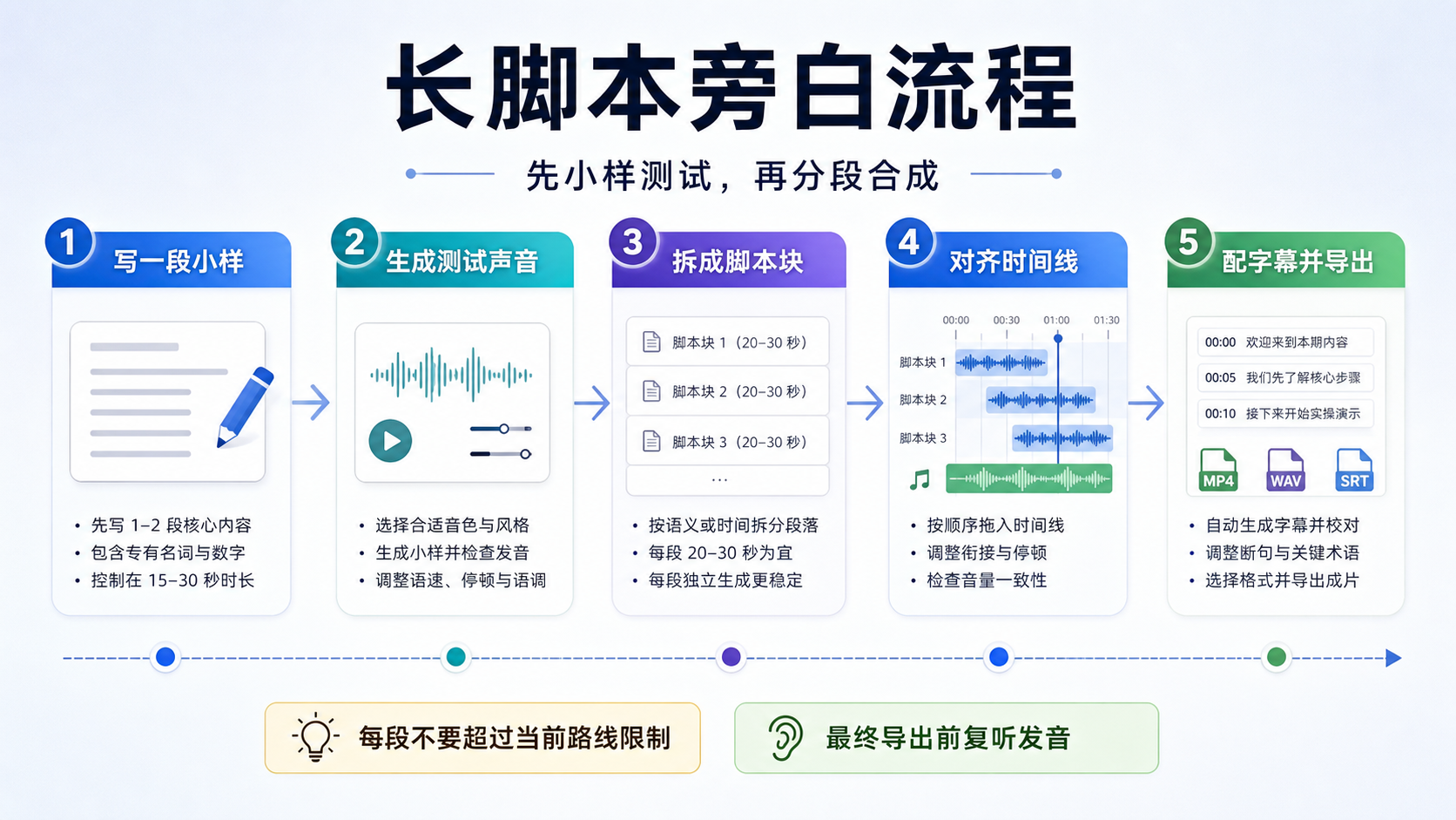 长脚本旁白流程图，展示小样测试、分段、时间线对齐、字幕和导出。