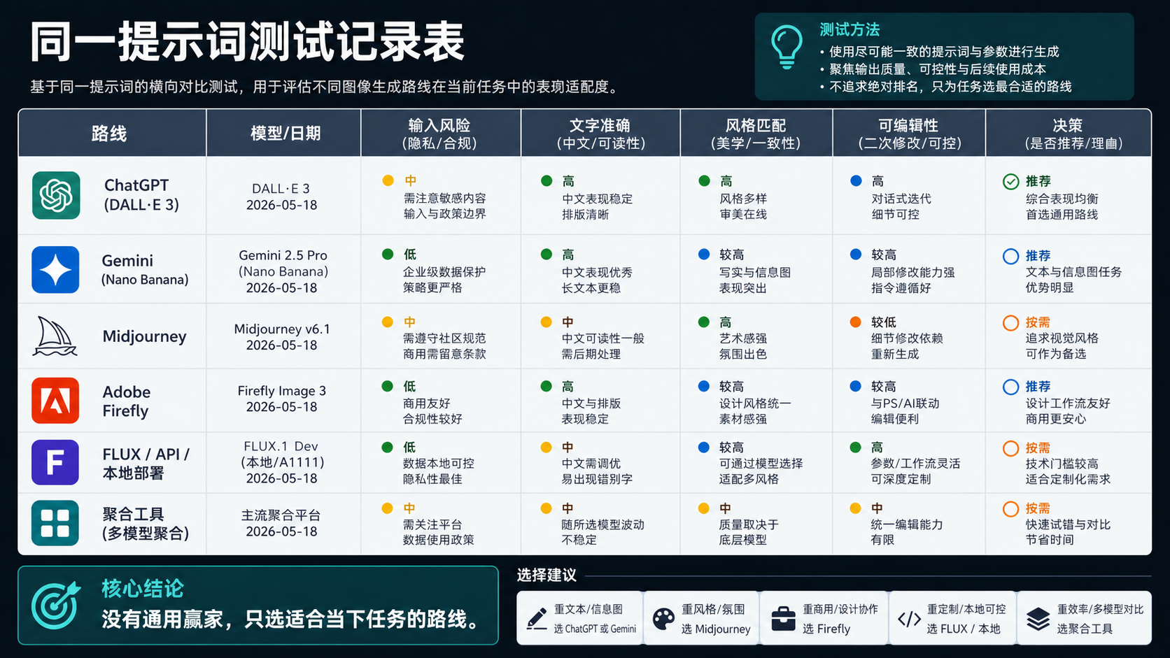 用同一提示词比较图片生成替代方案的测试记录表