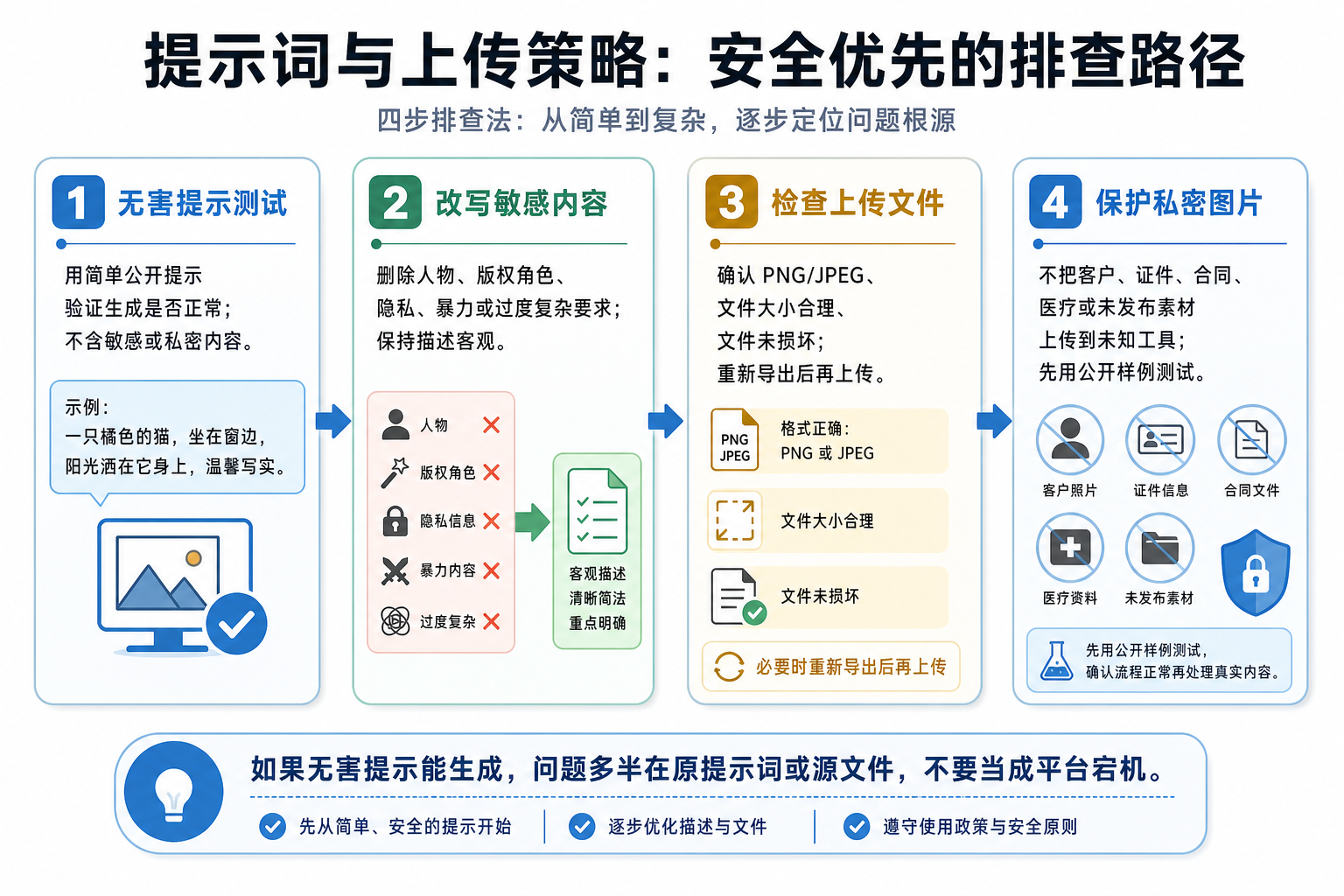 提示词与上传决策路径,涵盖无害提示测试、政策安全改写、上传检查和私密图片保护
