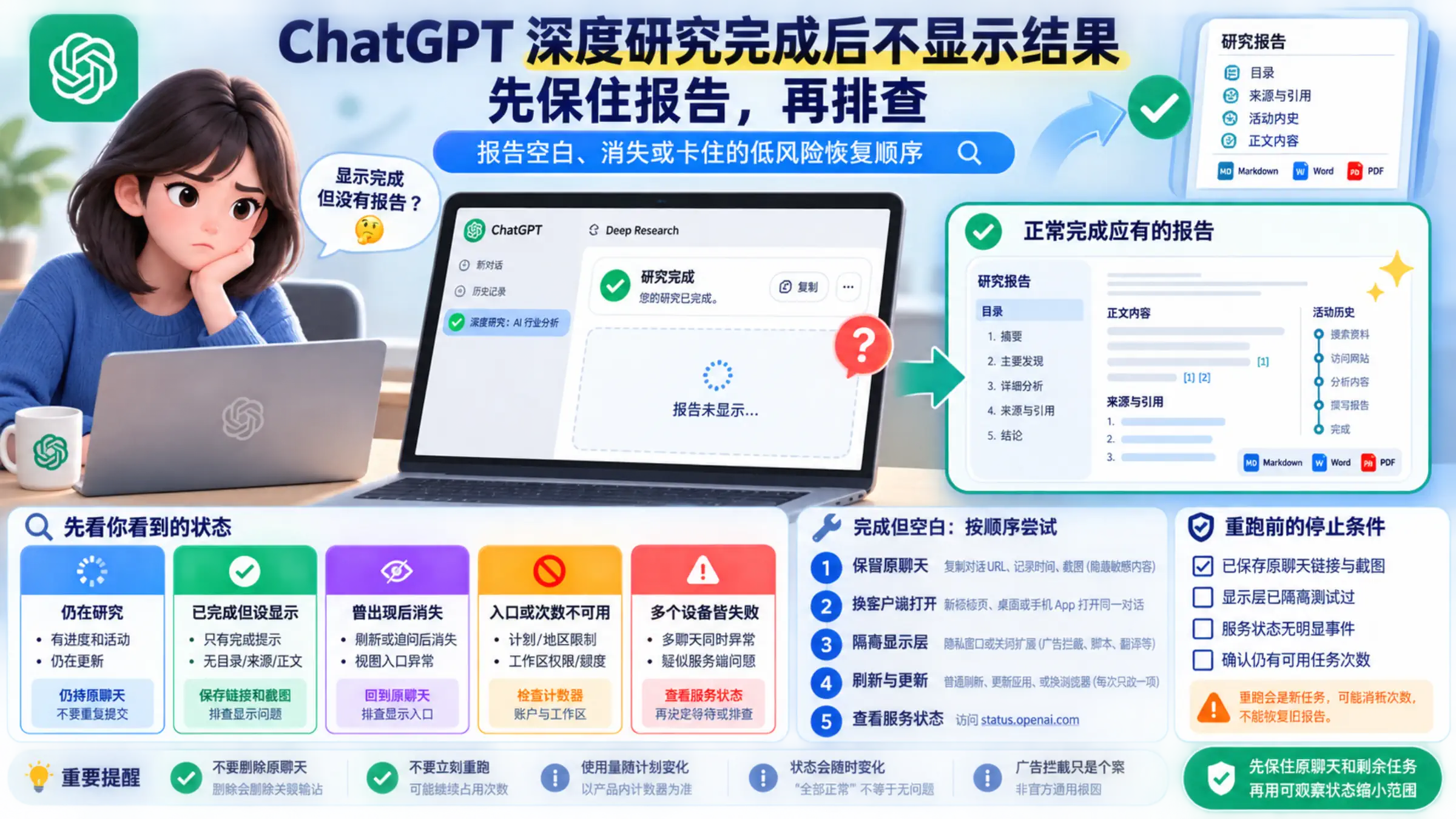 中文排障总览:ChatGPT 深度研究显示完成但报告未出现,右侧对照正常报告,并提示先保存原聊天再排查