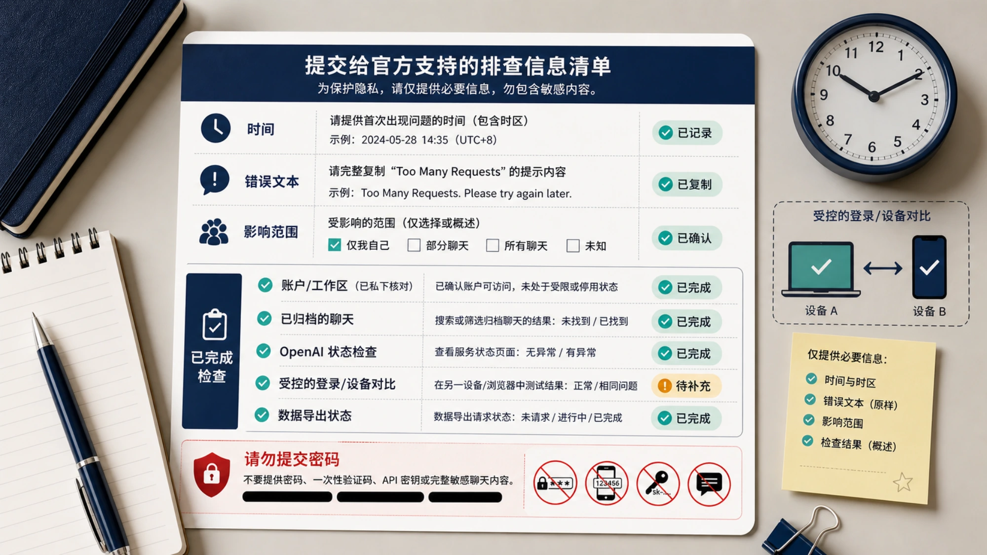 一份经过脱敏的支持事件记录,包含时间线、影响范围、设备对照和已完成检查。