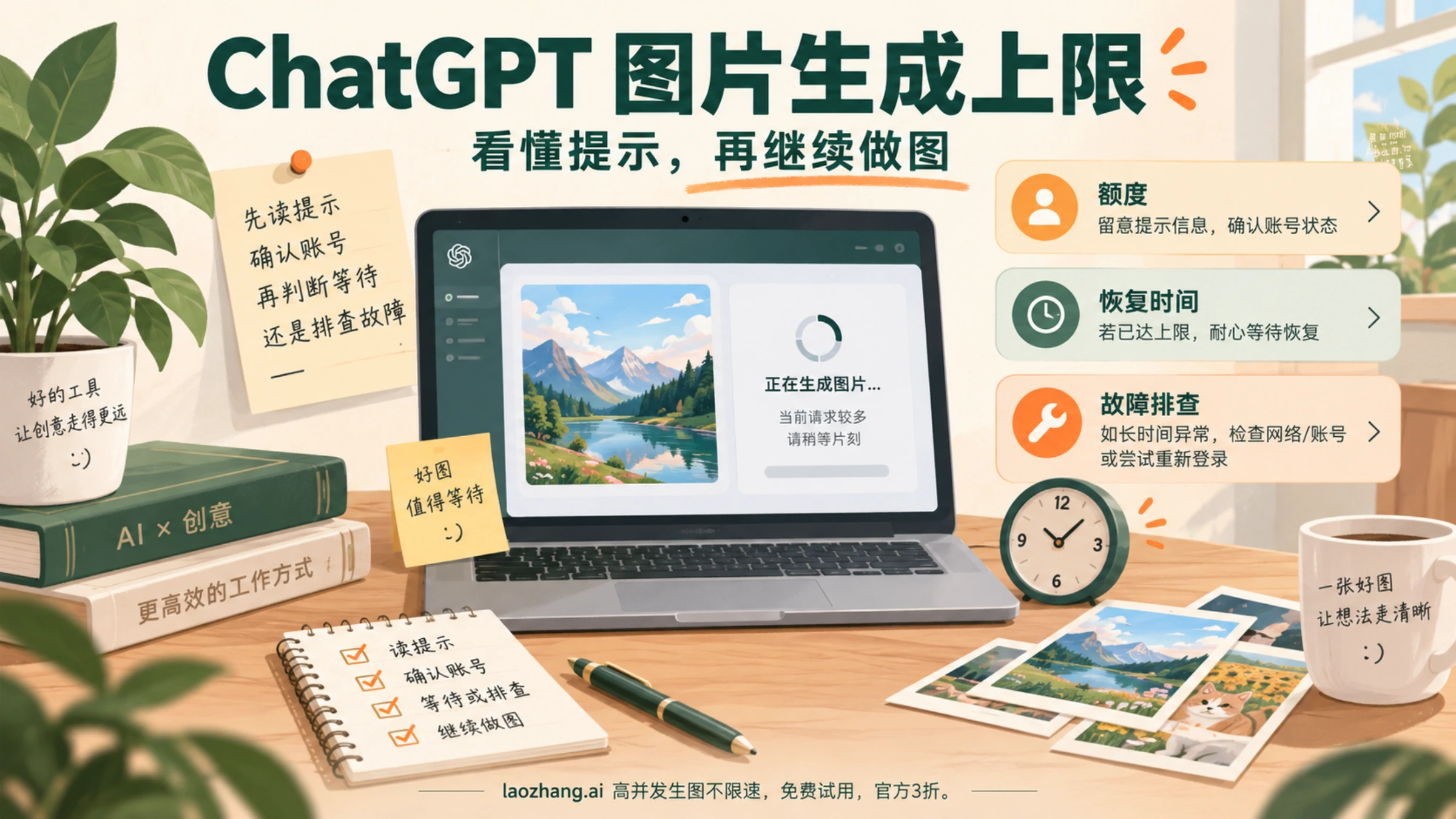 电脑上的图片生成等待提示与时钟、账号和故障排查元素