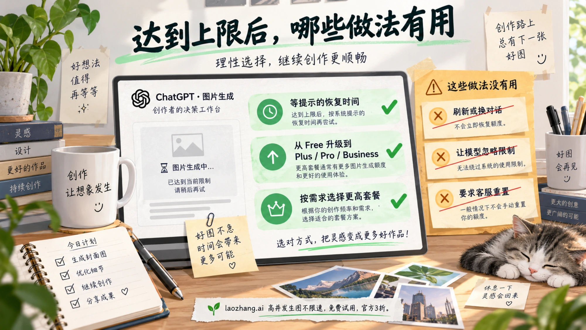 创作者的工作台上展示等待、从免费版升级和选择更高套餐，以及不会重置额度的尝试