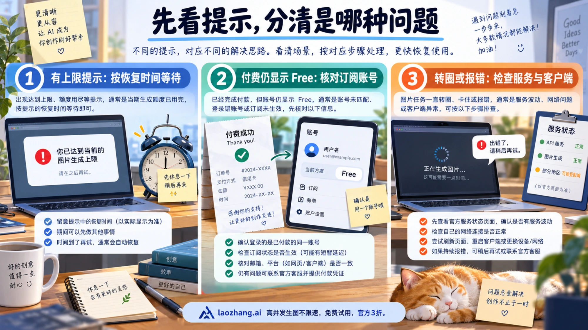 三种场景分别展示额度提示、付款后仍显示 Free 和一般生成故障的不同处理路径