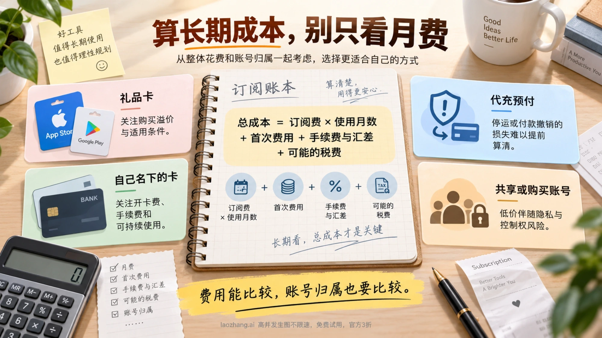比较订阅总费用与持续使用成本的示意图
