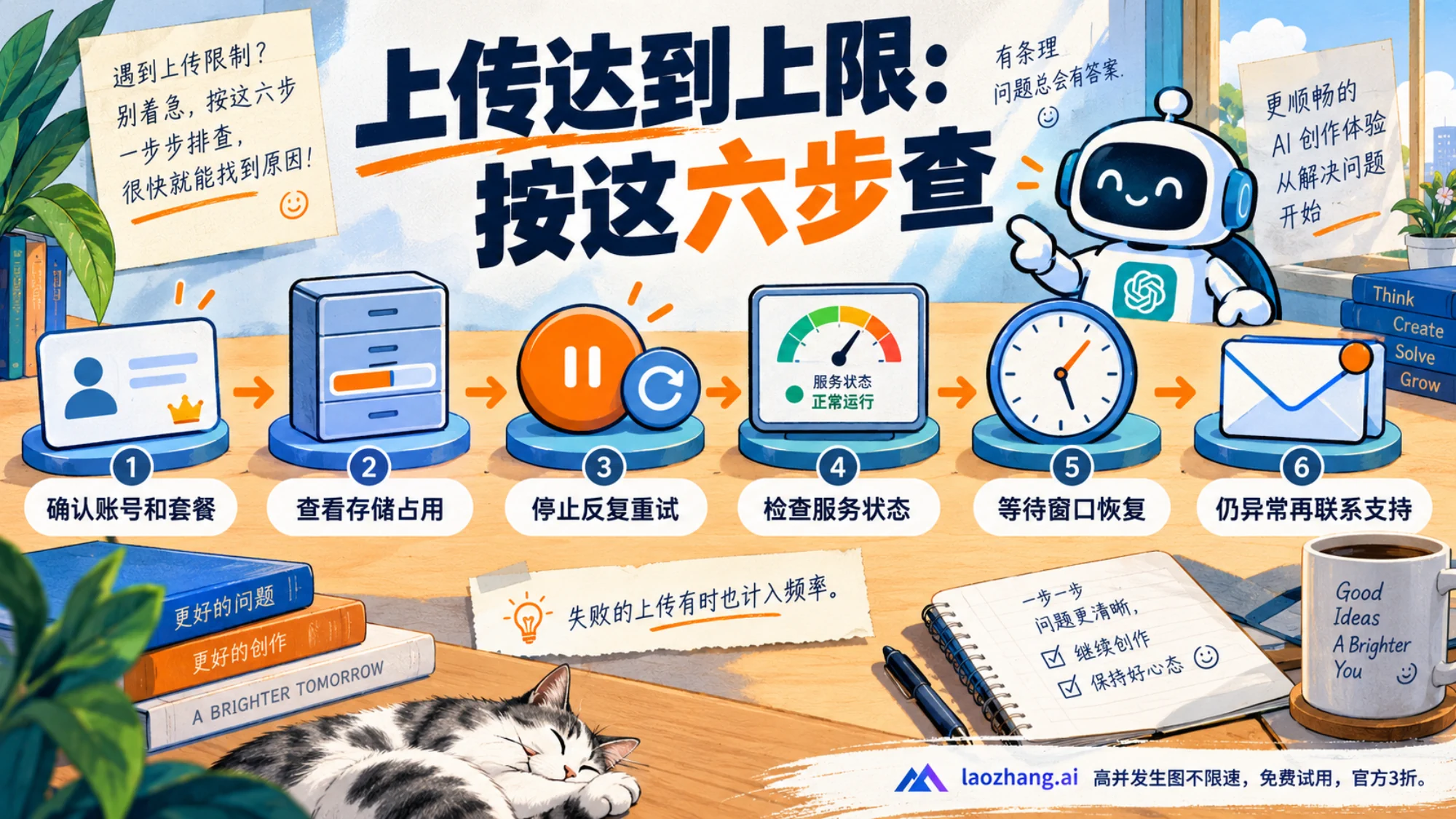 账号卡、存储柜、暂停按钮、状态仪表、钟表和支持信封组成六步上传排查路线