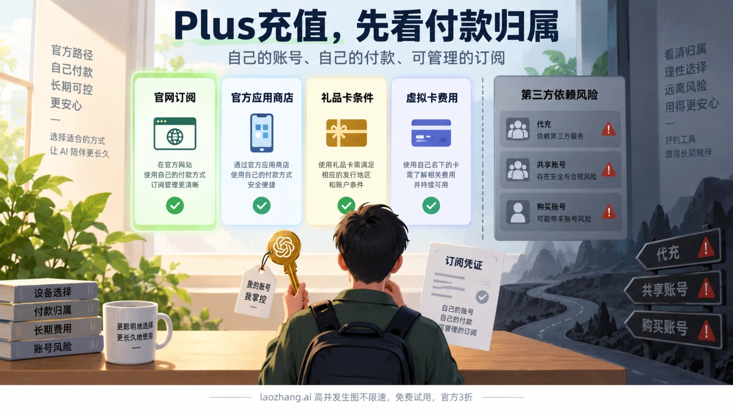 订阅前核对账号控制权、付款对象与续费风险的示意图