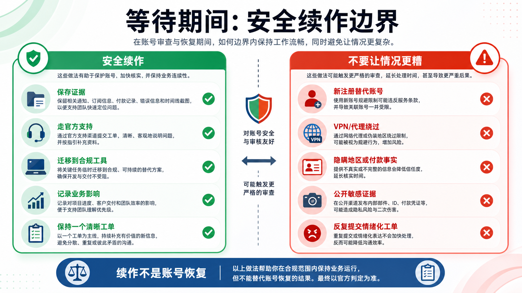 Claude Code 账号审核期间的安全连续性边界:哪些能做,哪些会伤害案件
