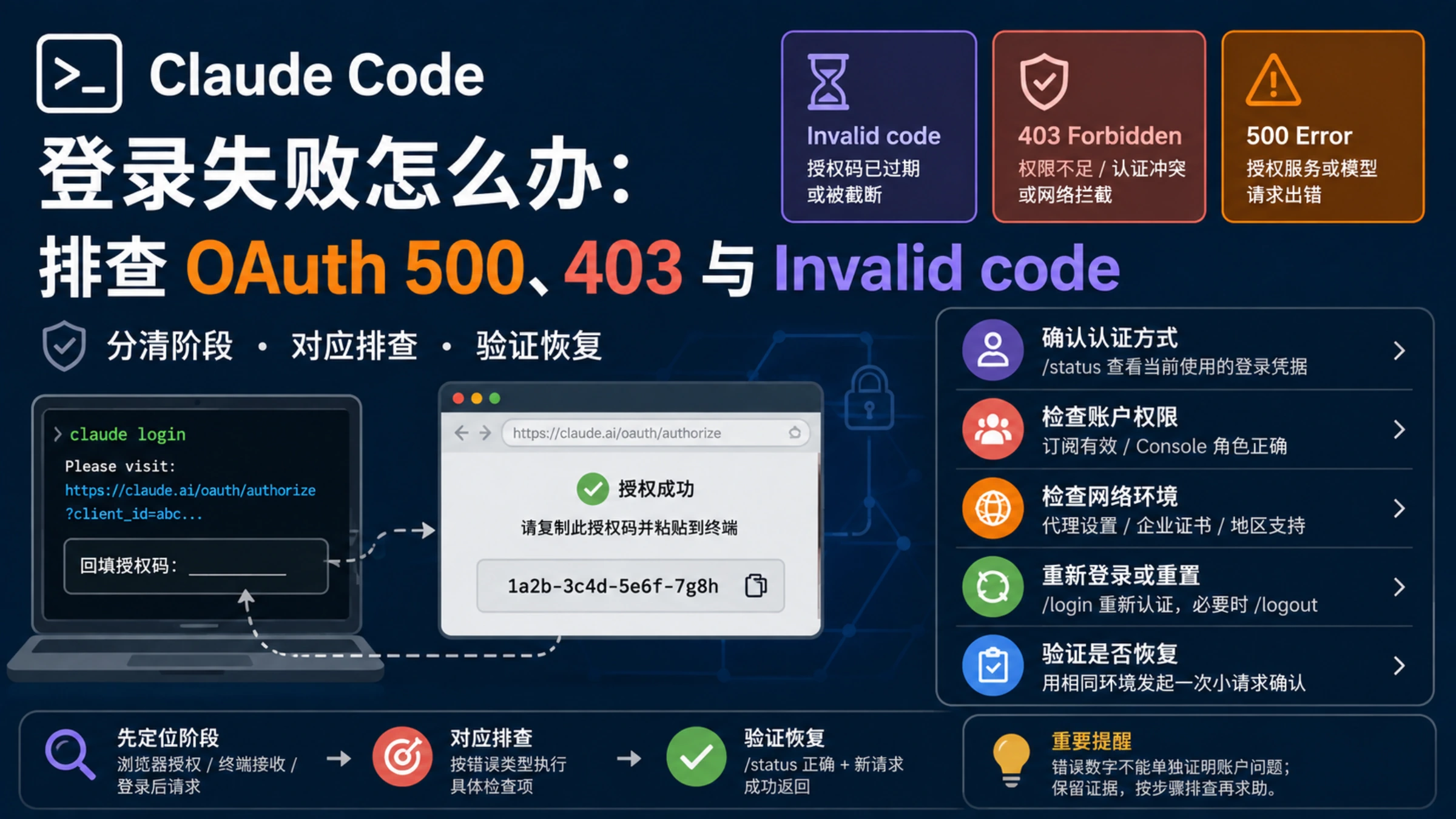 Claude Code 登录排障示意：区分授权码、403 权限与 500 服务错误，并核对认证、网络和恢复结果