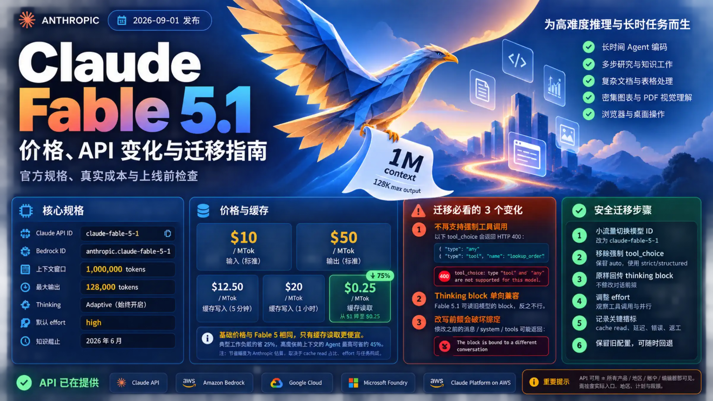 Claude Fable 5.1 的发布日期、API 规格、缓存价格、主要能力、兼容风险与安全迁移步骤