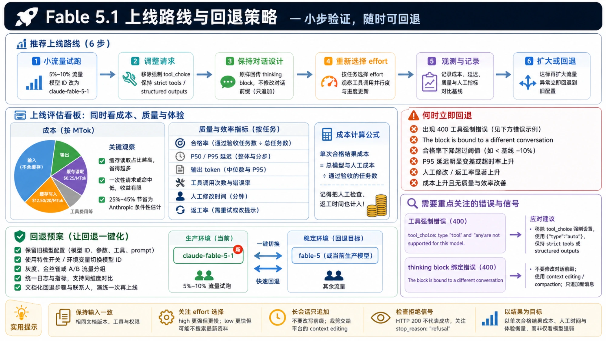 Fable 5.1 上线路线、成本与质量指标、回退预案,以及需要立即回退的 API 错误和信号