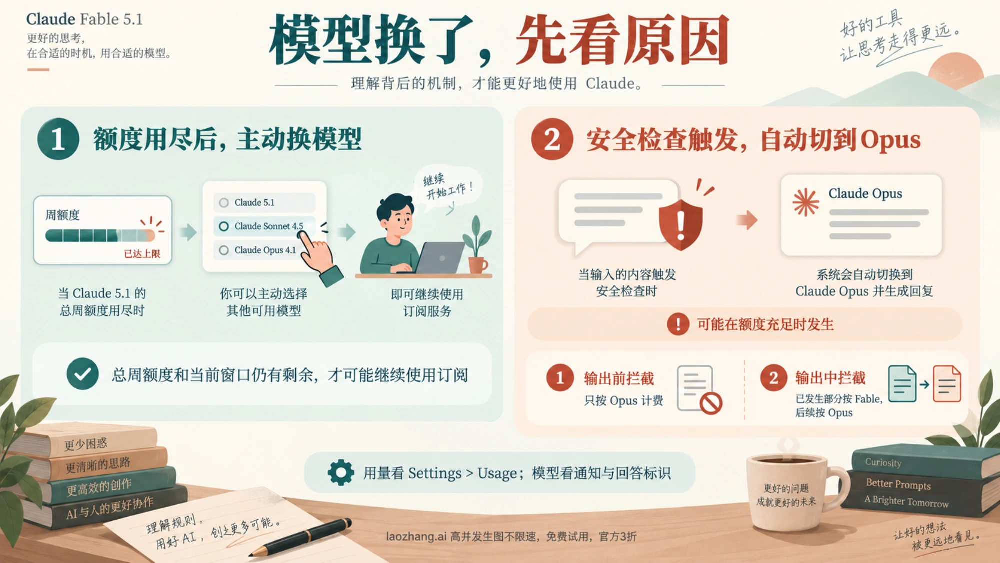 两种模型切换的对照图：主动选择其他模型与安全检查触发 Opus 自动接续
