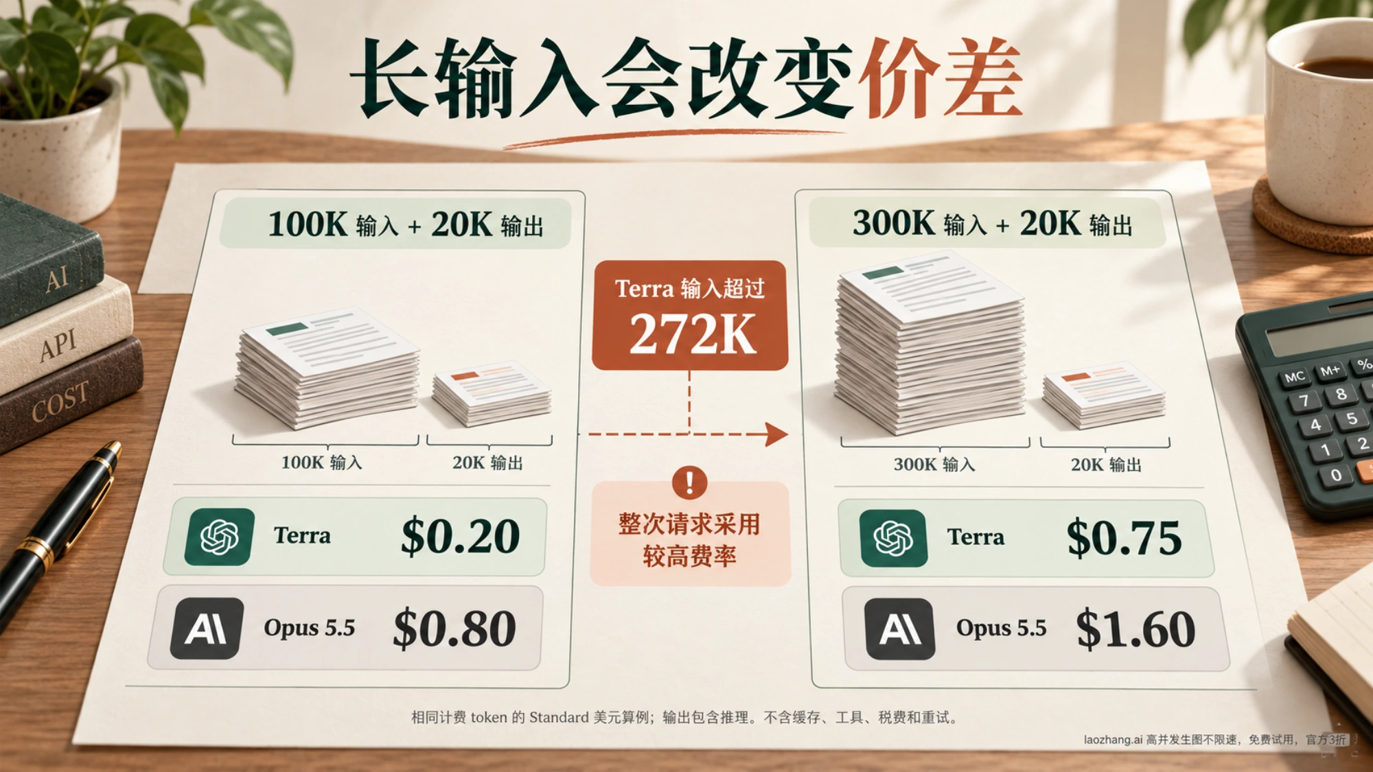 用不同输入长度的文档和费用对照说明 Terra 的长输入计费变化
