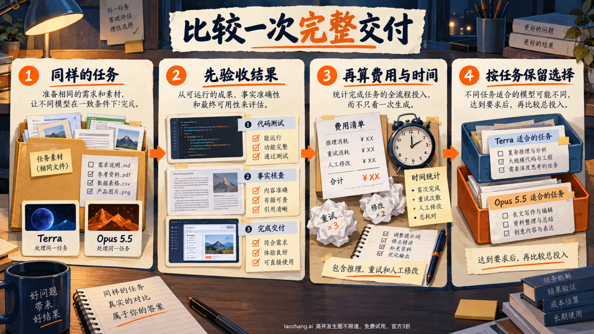 从相同任务开始，验收结果并记录费用、耗时和修改的模型对照流程
