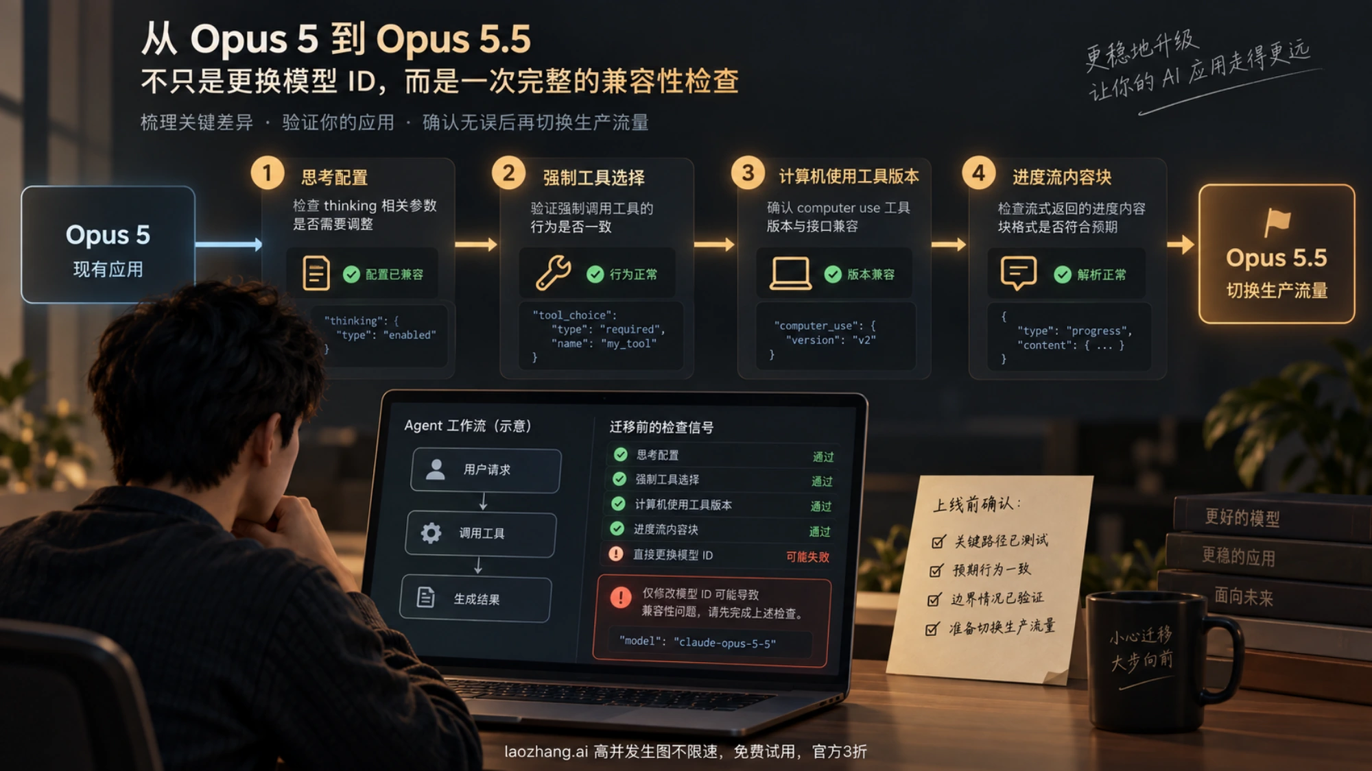 从 Opus 5 切换至 Opus 5.5 前检查思考配置、工具调用、computer use 和进度显示