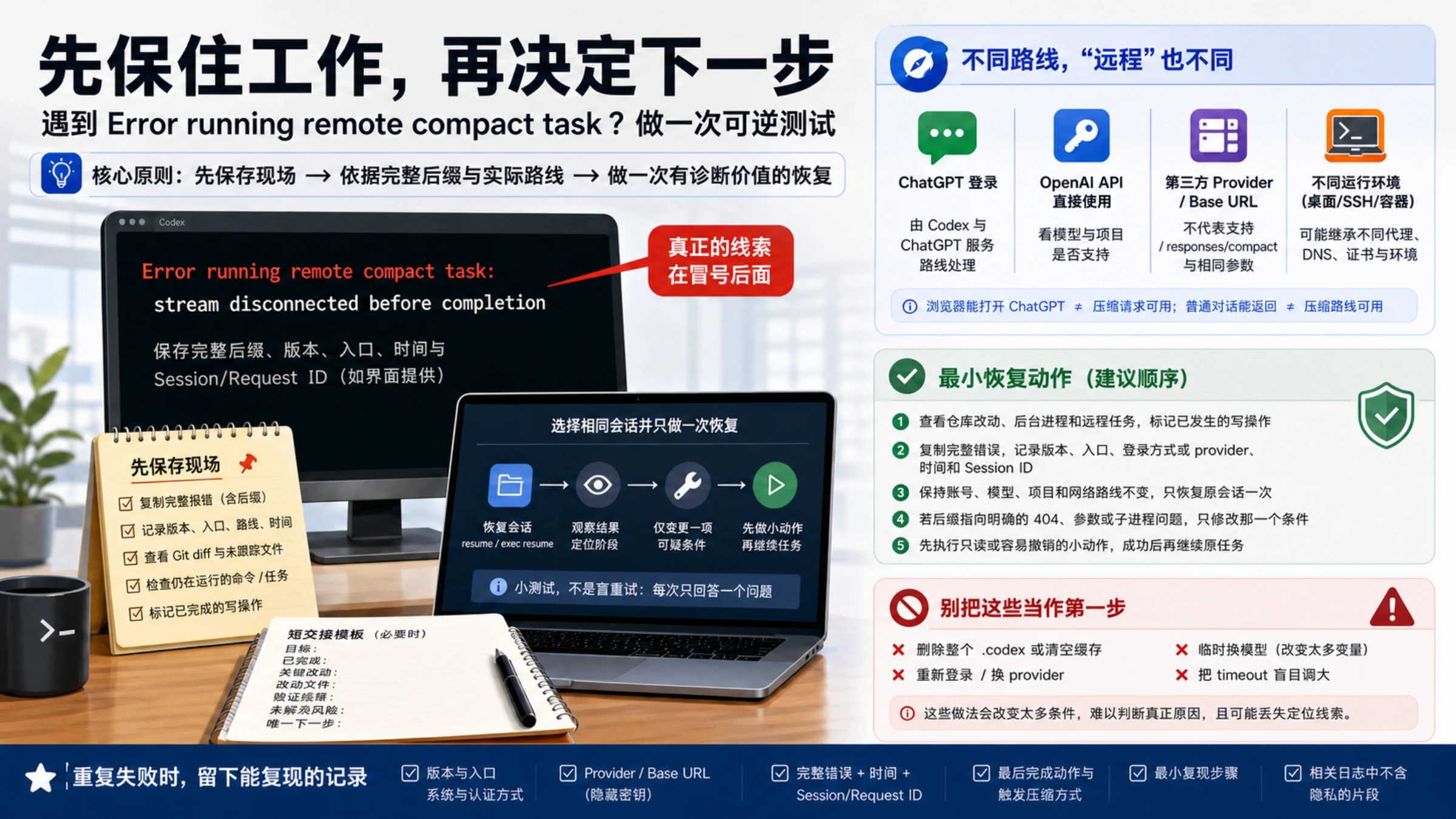 开发者先保存 Codex 远程压缩失败的完整后缀、版本、入口和文件改动，再按访问路线做一次可逆恢复测试