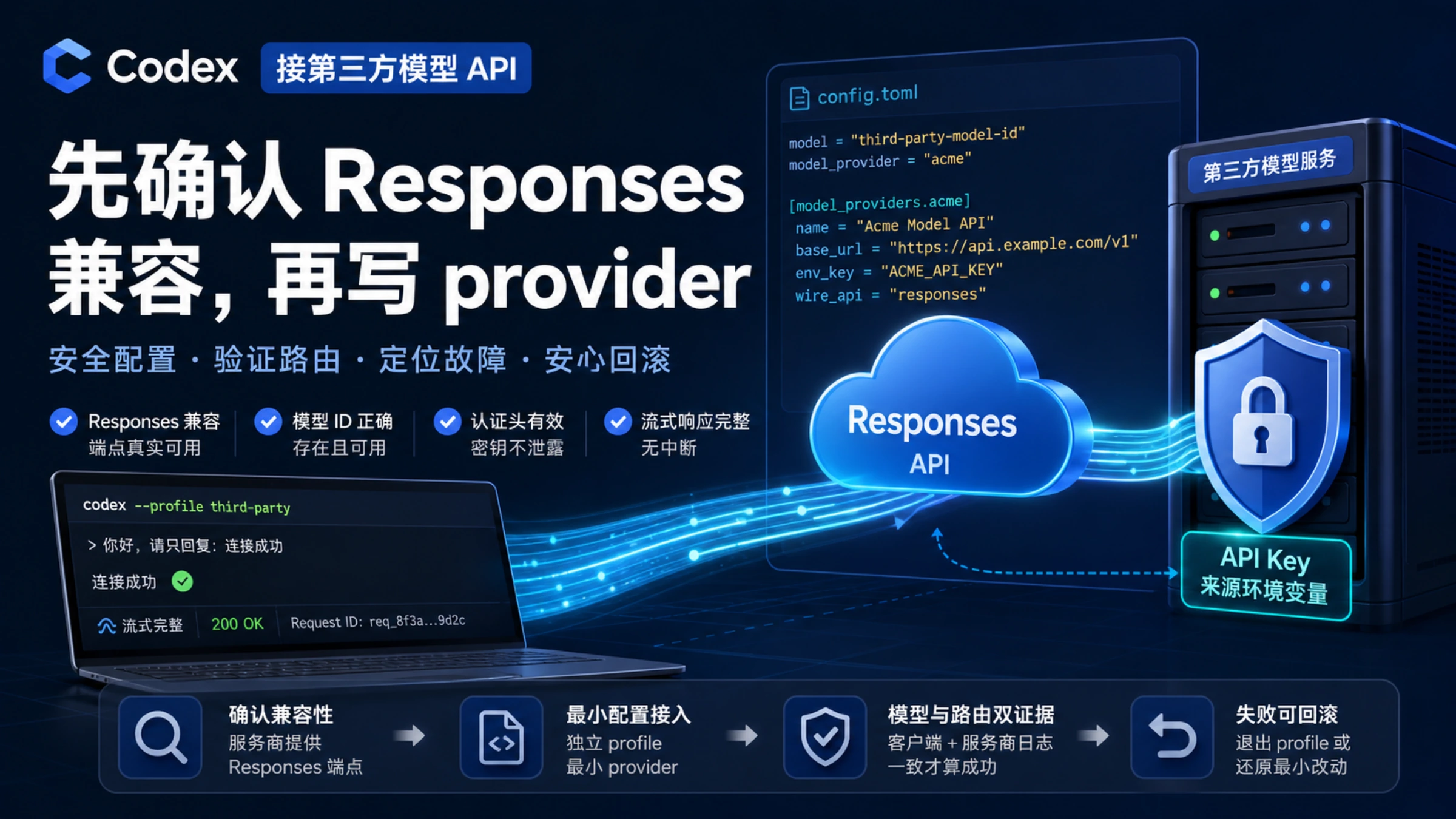 Codex 通过 Responses API 安全接入第三方模型服务的配置与验证示意