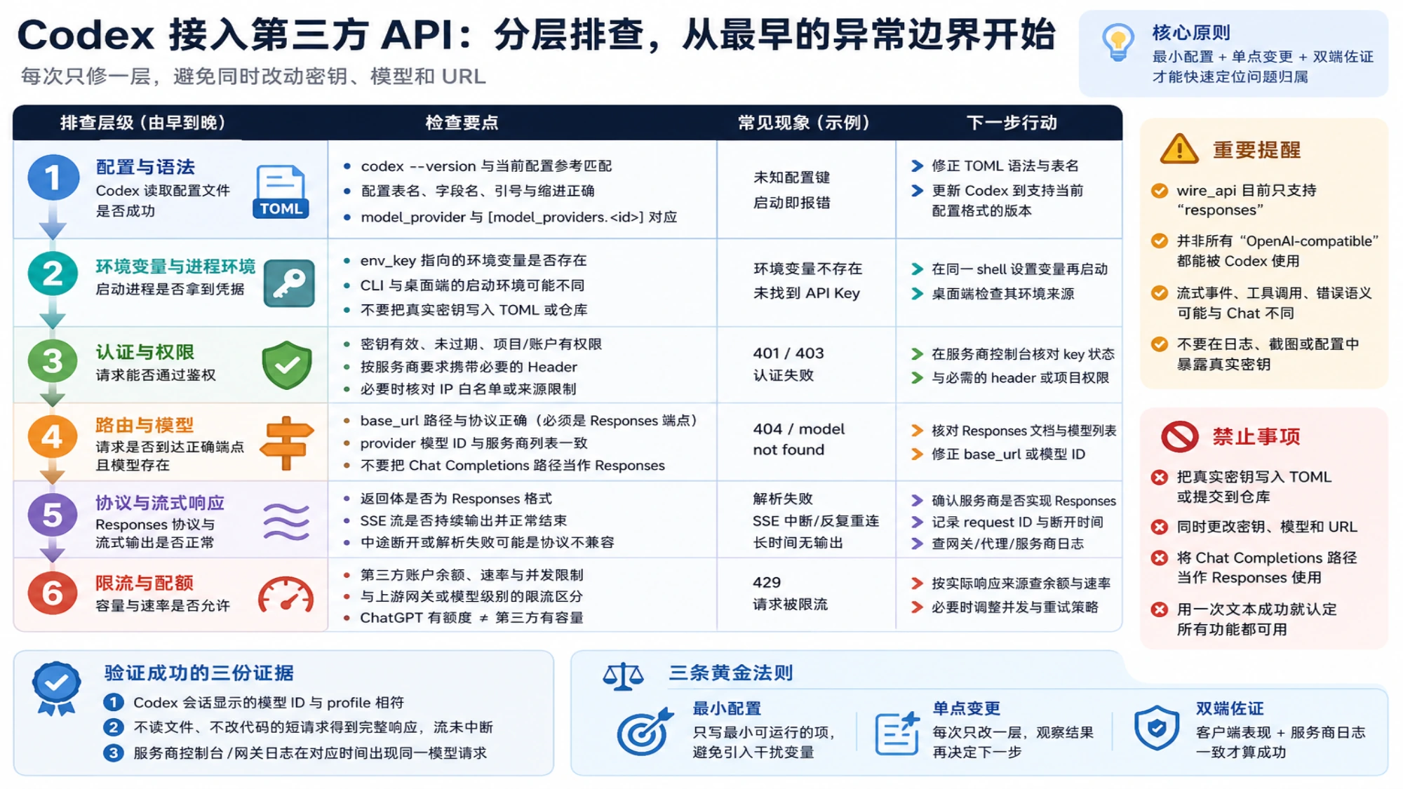 Codex 第三方 API 的六层诊断矩阵，列出配置、环境变量、认证、路由、协议和限流的检查动作
