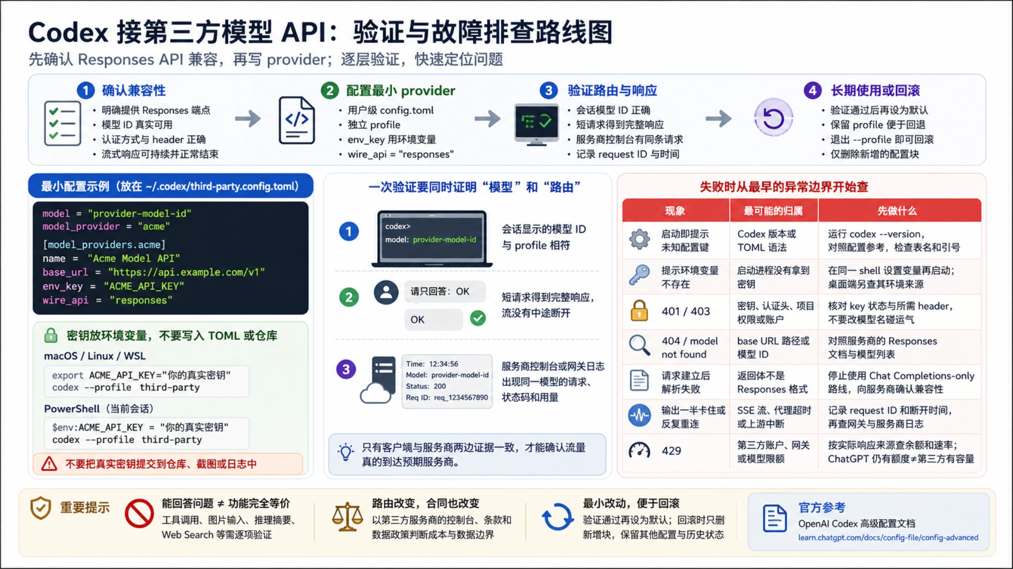 Codex 第三方模型 API 从兼容性确认、provider 配置到路由验证与回滚的路线图