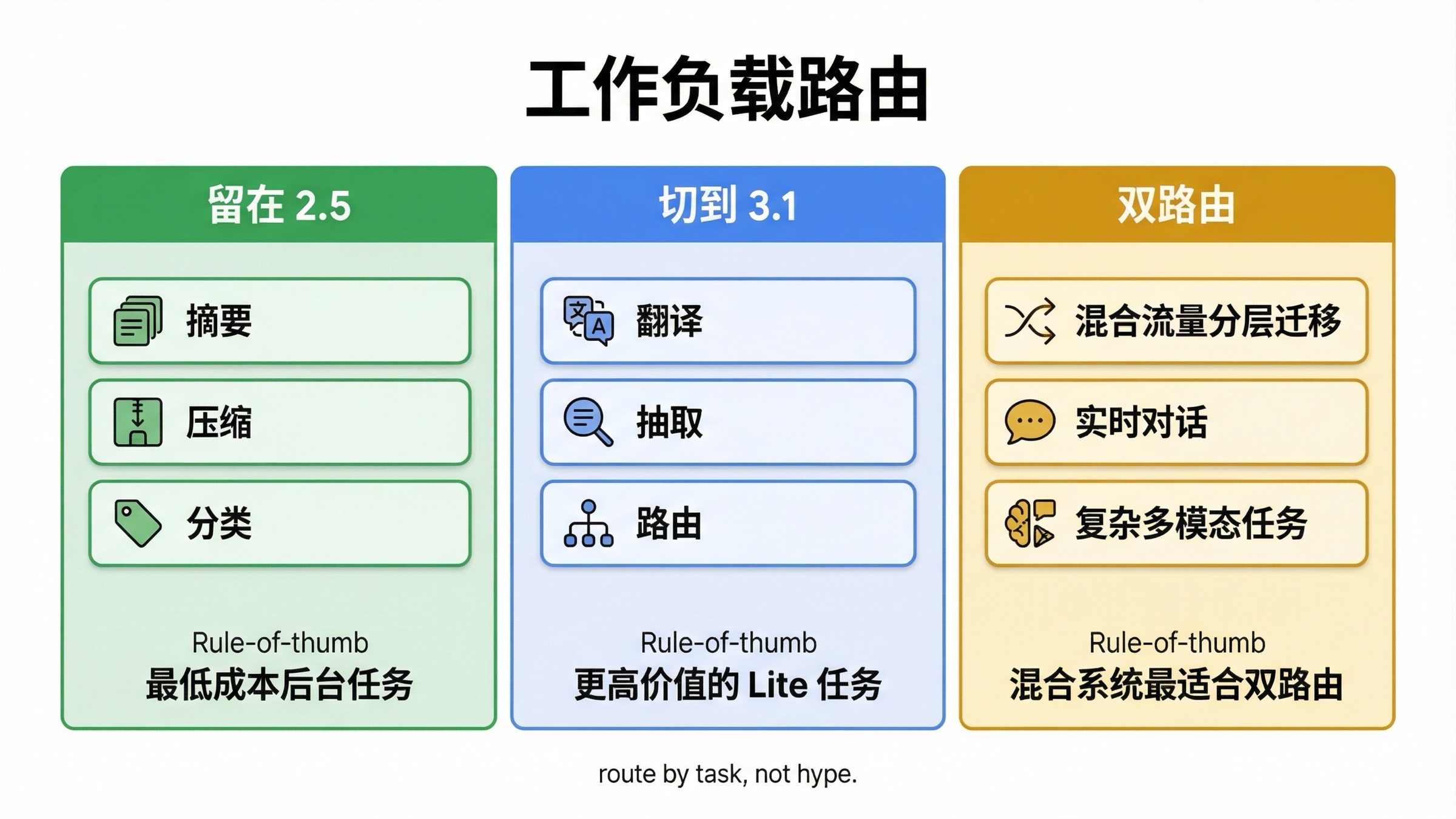 工作负载路由图显示哪些任务适合继续留在 2.5，哪些应该切到 3.1，以及哪些团队适合双路由。