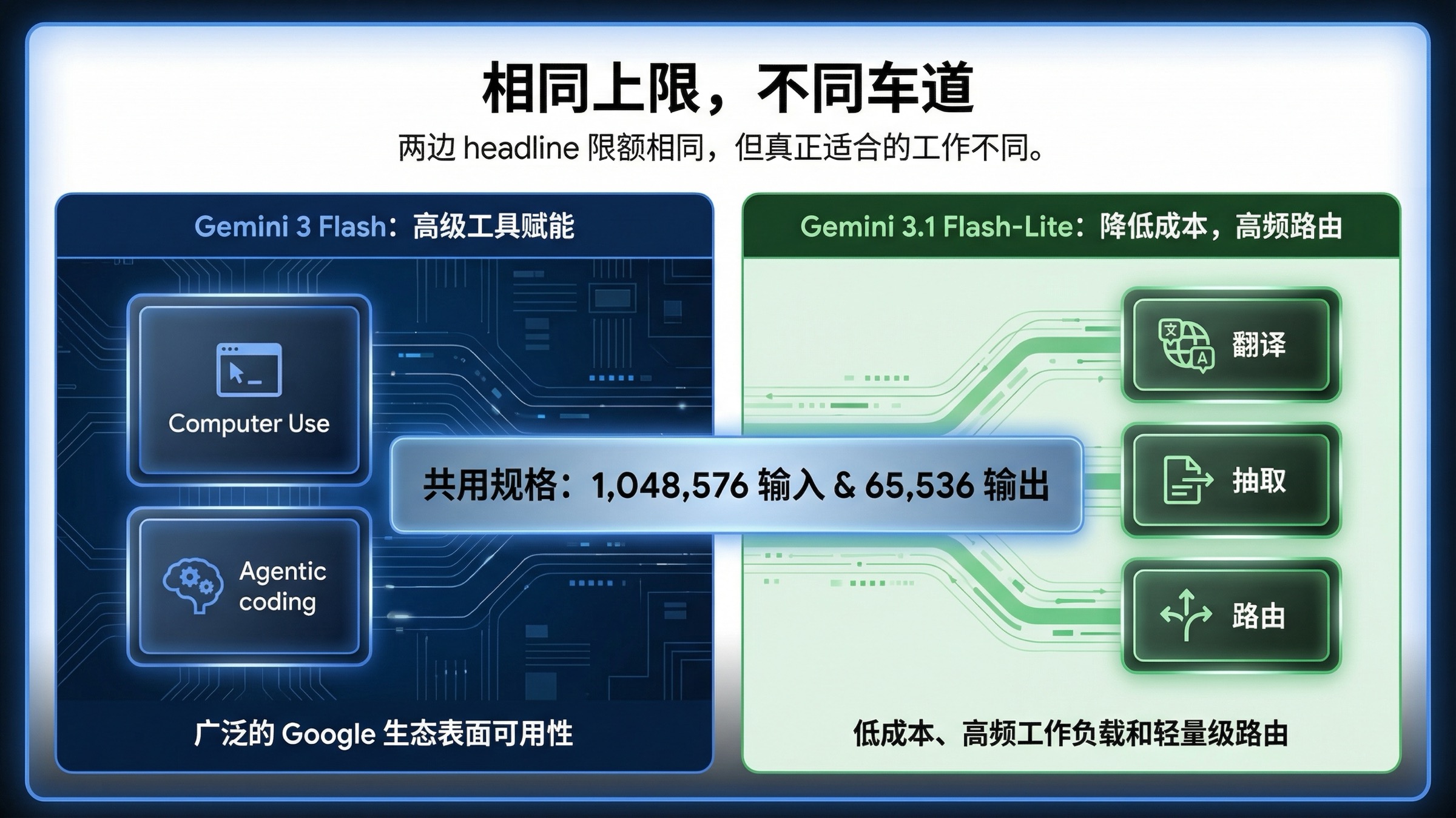 功能板展示两者共享相同 token 上限，但在高级工具与工作负载定位上明显不同。