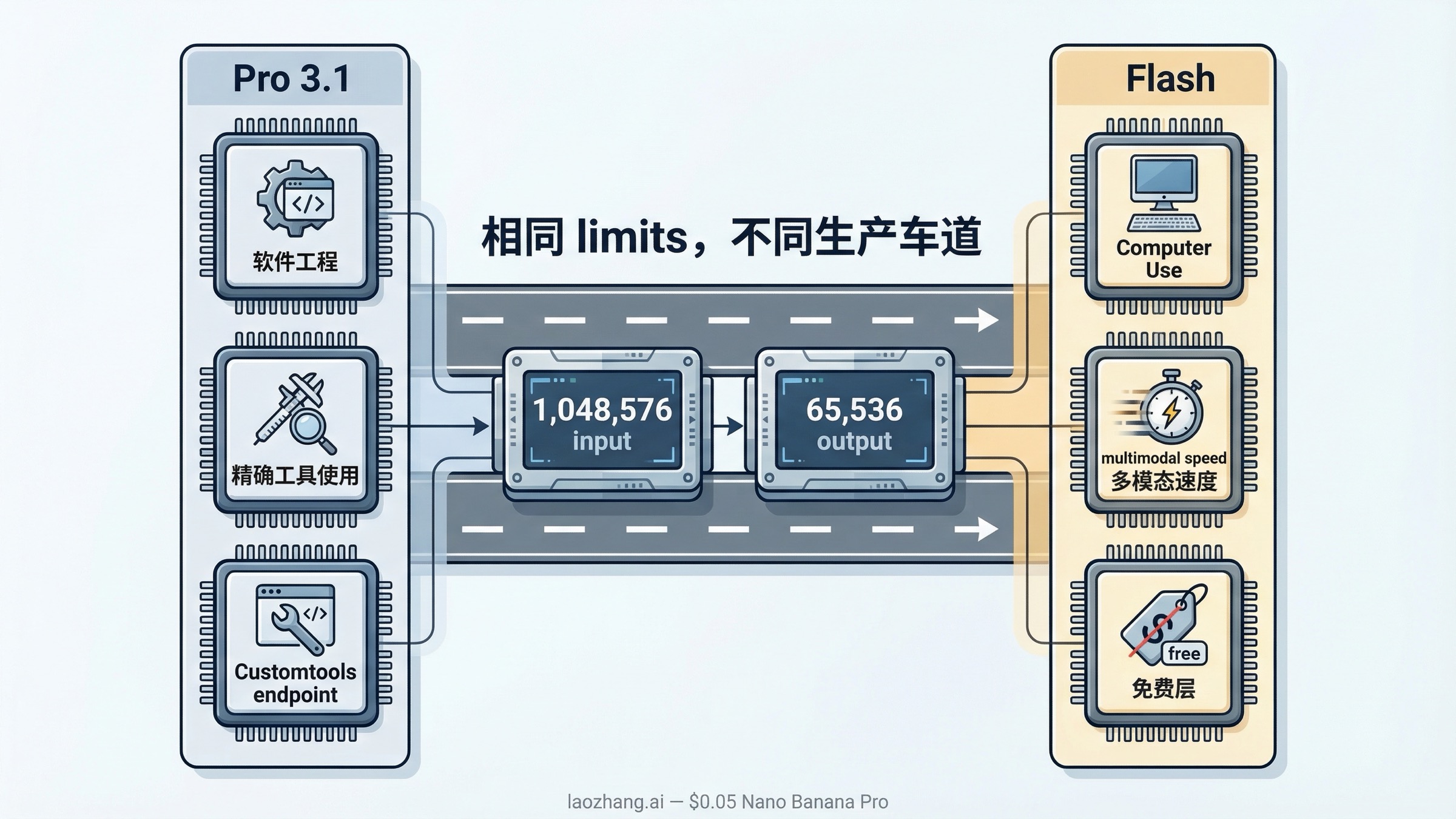 对比图展示 Gemini 3.1 Pro Preview 与 Gemini 3 Flash 虽然 token 上限相同，但工具面与生产车道不同。