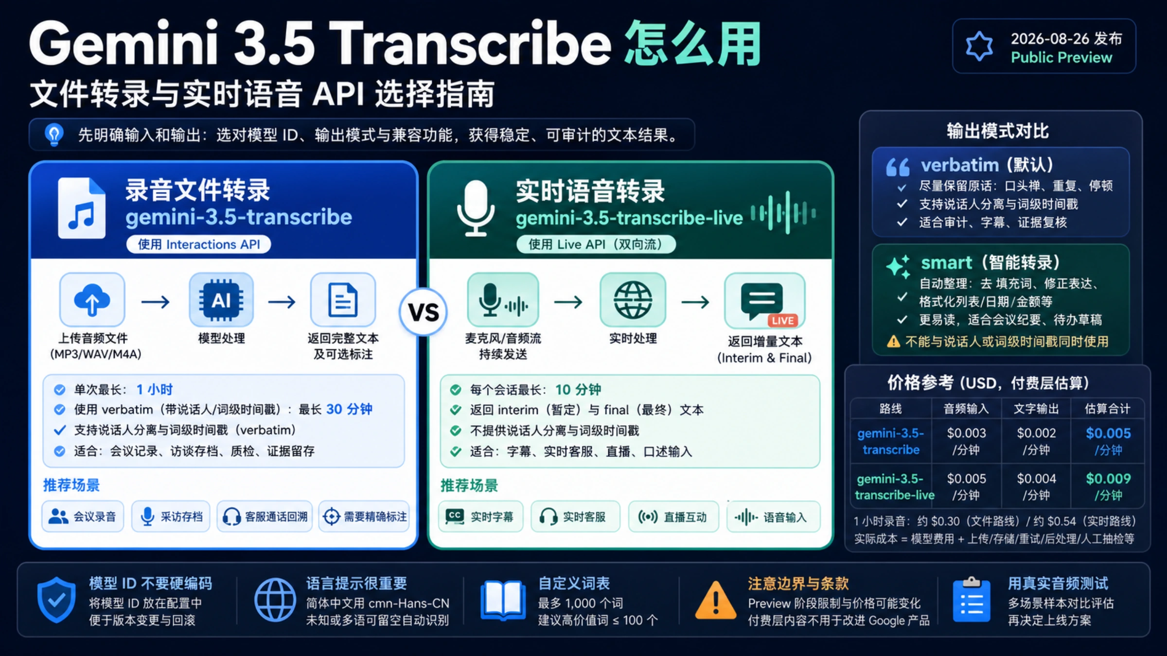 深色信息图比较 Gemini 3.5 Transcribe 的录音文件与实时语音路线、verbatim 与 smart 模式、时长和分分钟价格