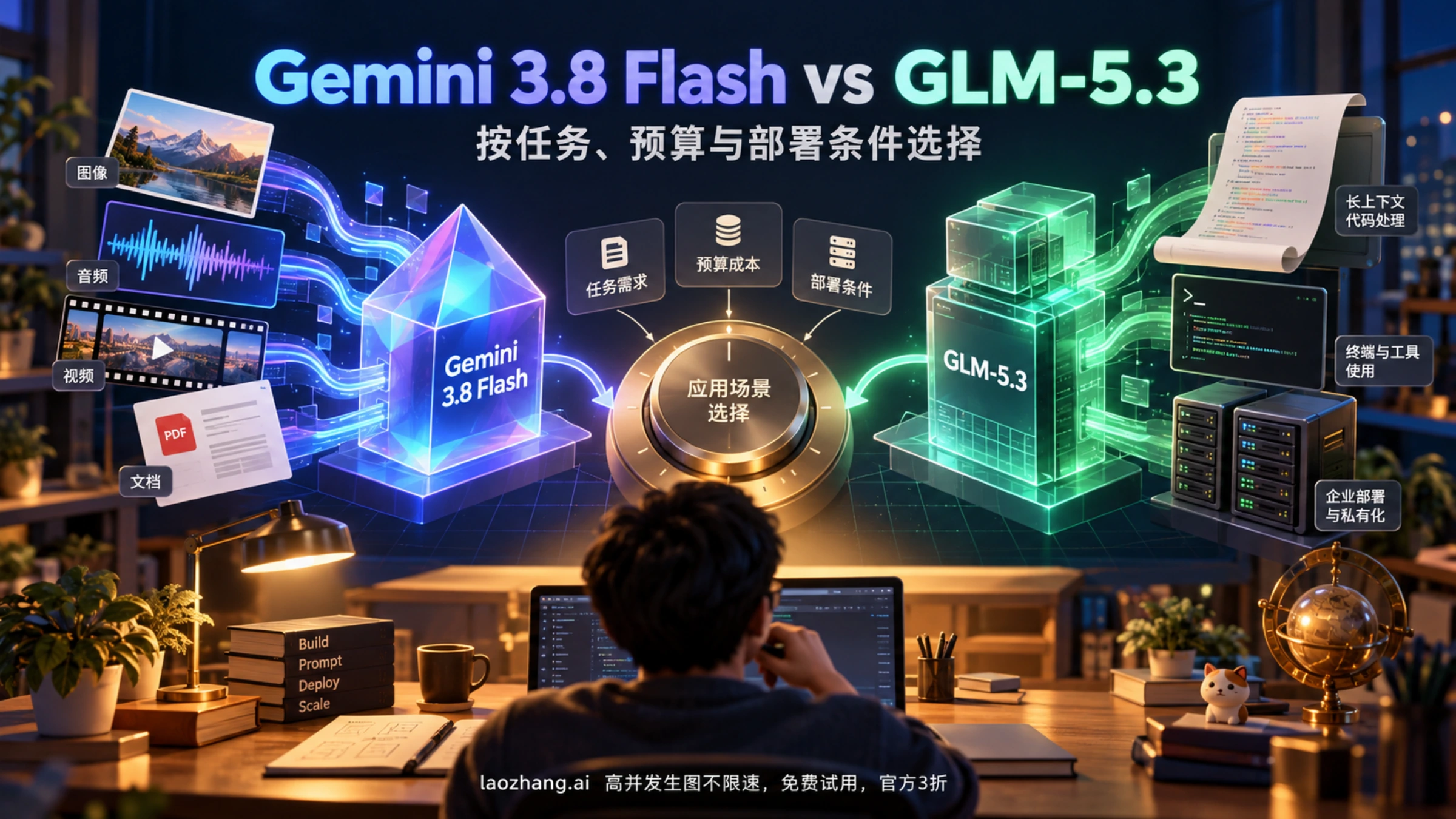 开发者在工作台前比较 Gemini 的多模态输入与 GLM 的代码处理和部署路径