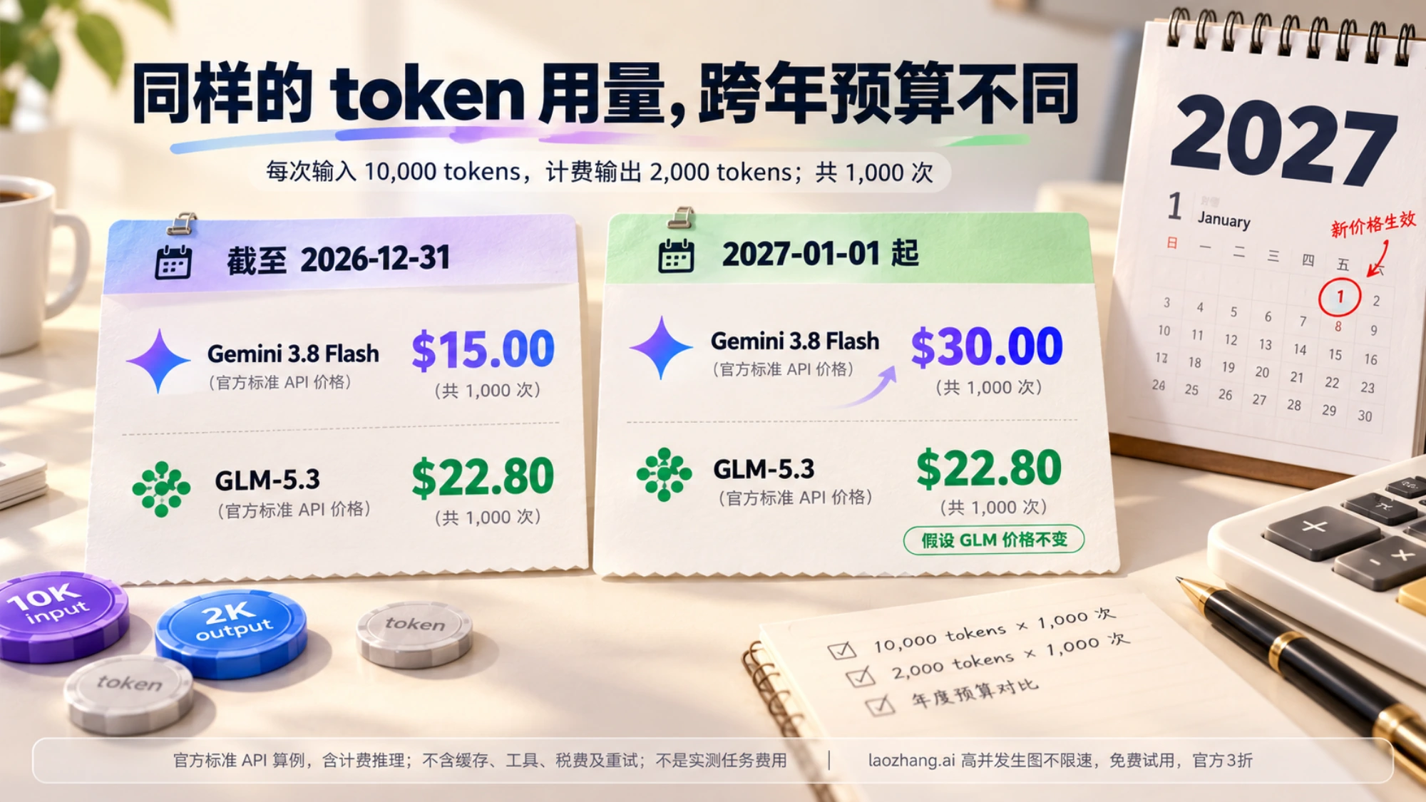 日历与两组费用卡片展示相同 token 用量在价格调整前后的预算变化