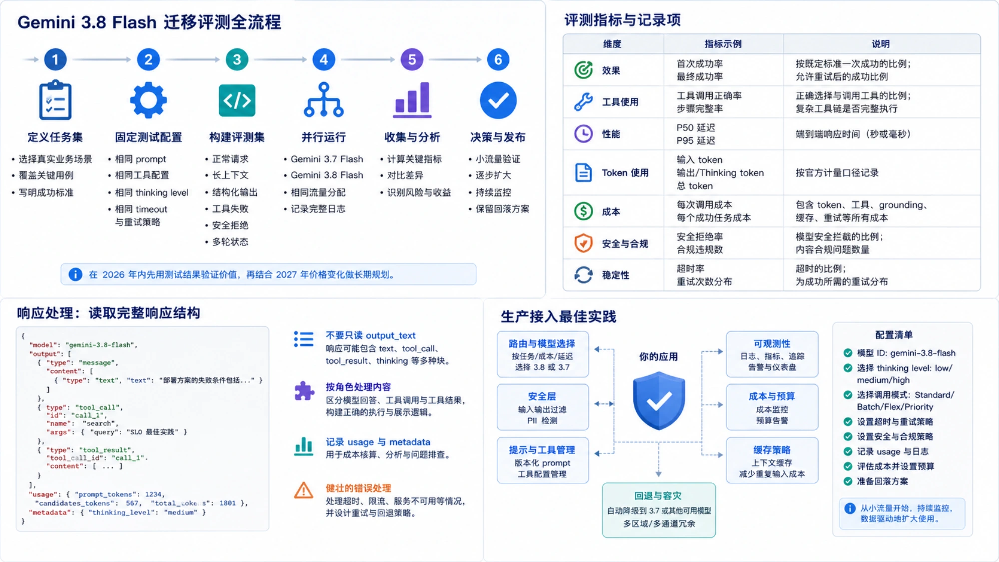 Gemini 3.8 Flash 中文迁移评测流程，展示任务集、固定配置、并行运行、指标记录、完整响应处理和生产接入架构