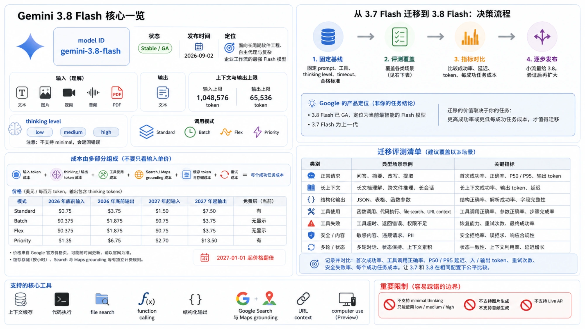 Gemini 3.8 Flash 中文规格与迁移总览，包含 model ID、上下文、价格、工具、限制和 3.7 对照评测流程
