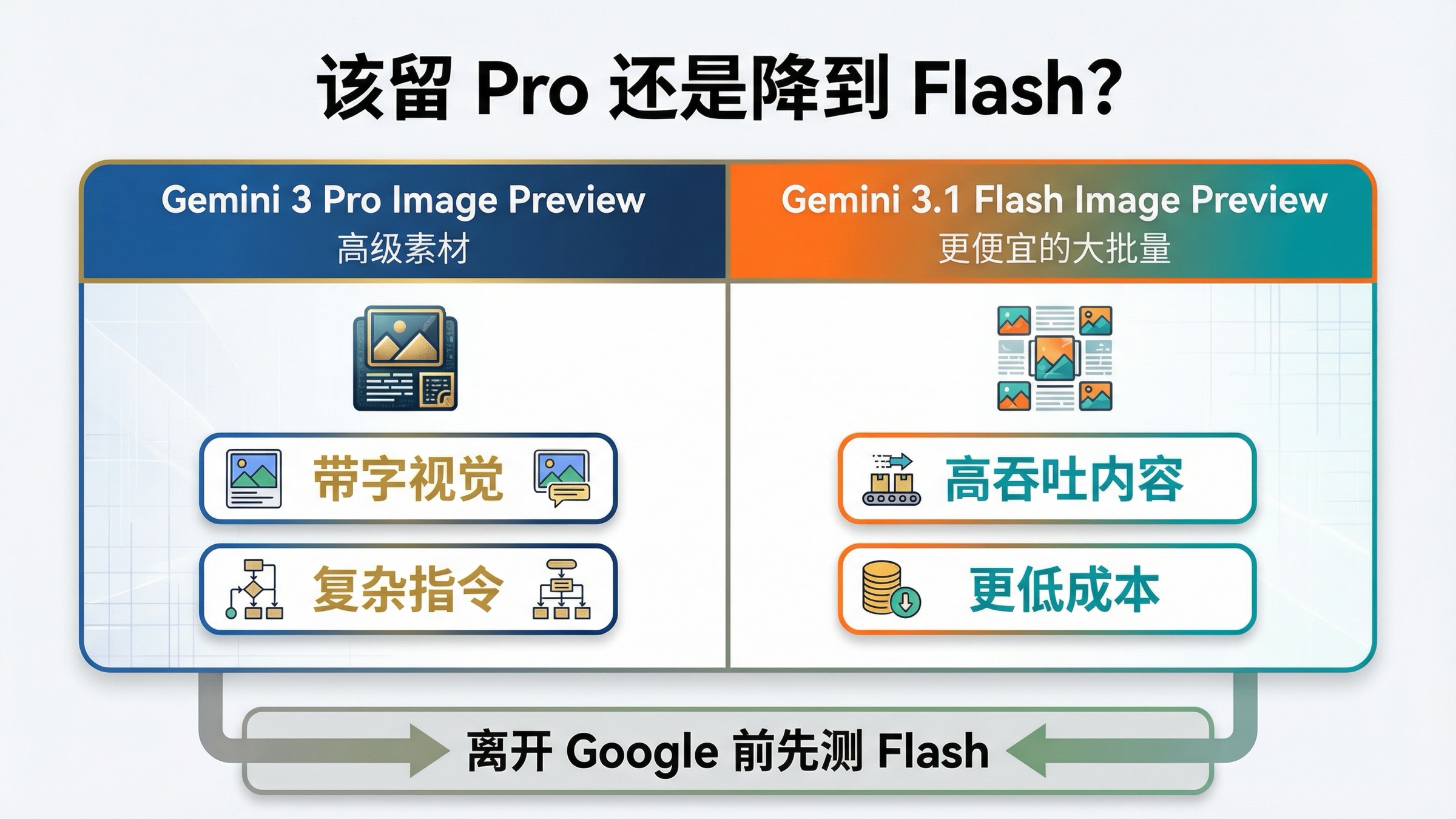 双路线图展示 Gemini 3 Pro Image Preview 适合高级素材，而 Gemini 3.1 Flash Image Preview 更适合更便宜的大批量工作