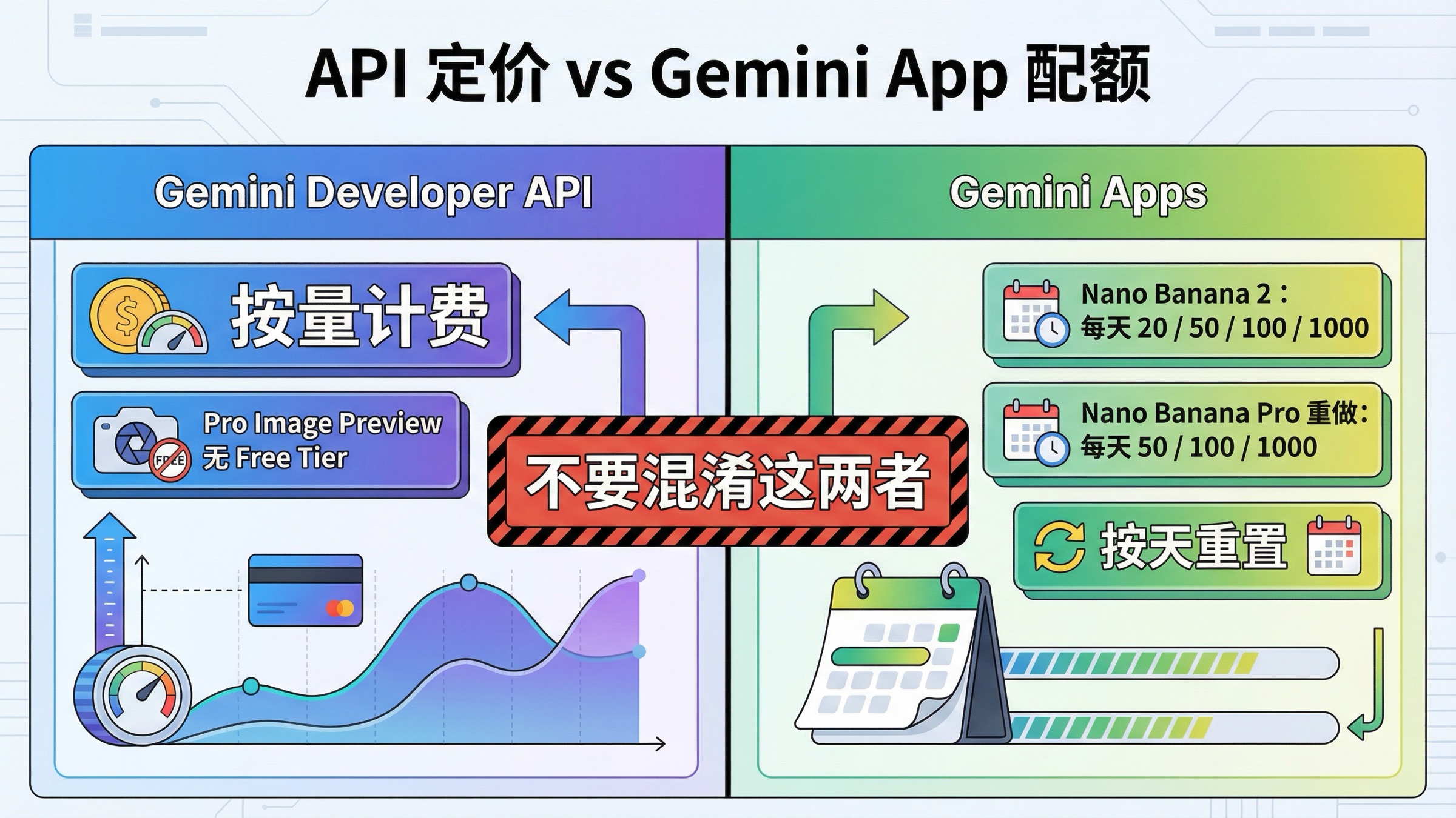 中文分栏图，左侧是 Gemini Developer API 按量计费，右侧是 Gemini App 的每日图片额度。