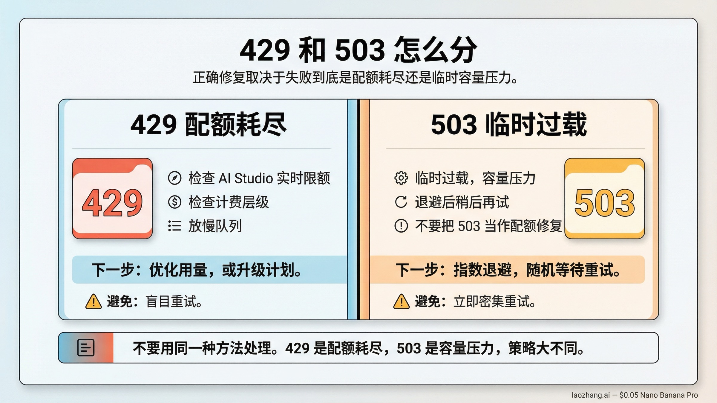 双列诊断图：左侧 429 是配额耗尽并需要 AI Studio 与计费检查，右侧 503 是临时过载并需要退避重试。