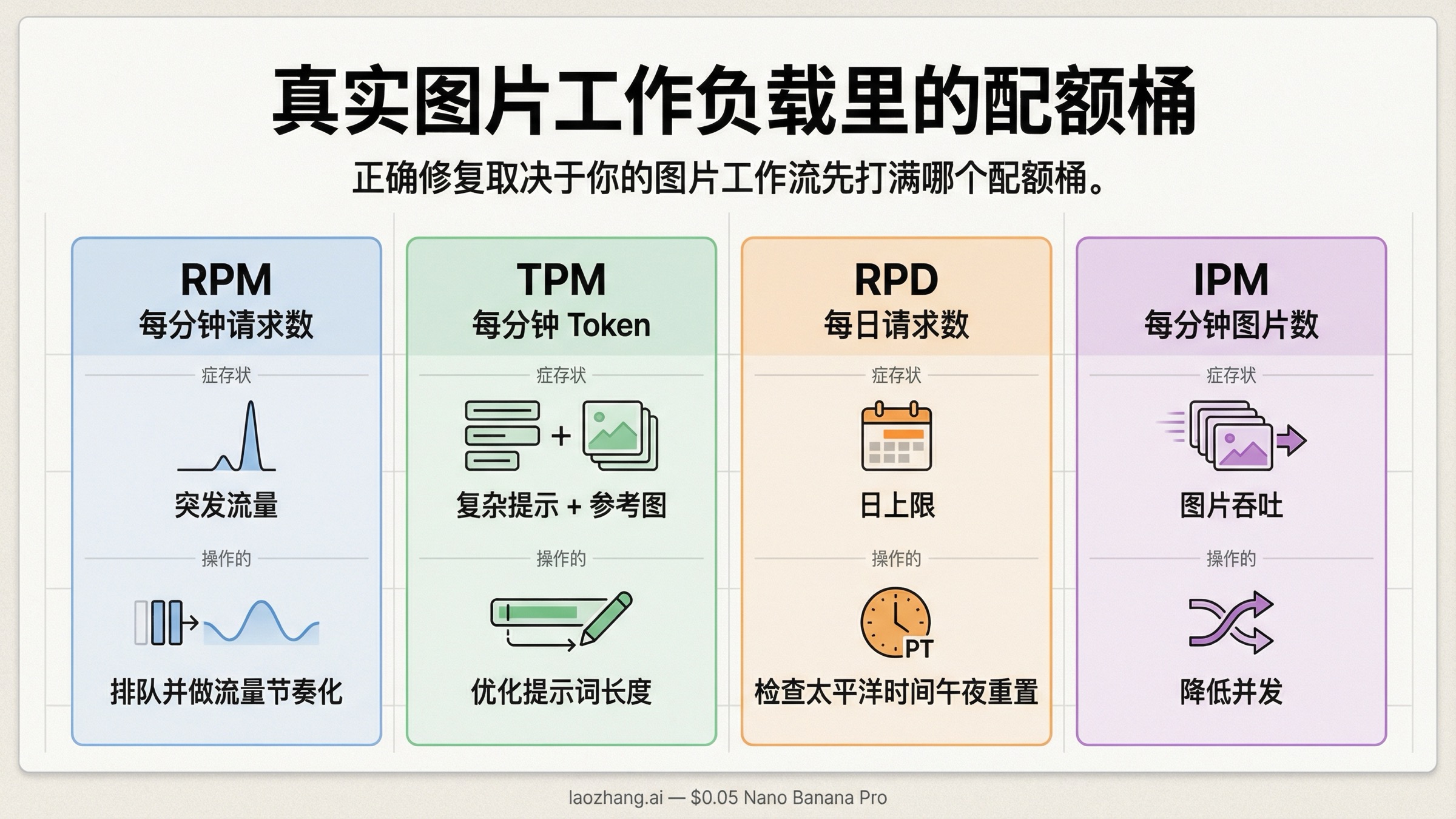 配额工作负载示意图：RPM 对应突发流量，TPM 对应复杂提示词与参考图，RPD 对应日上限，IPM 对应图片吞吐，并给出节流与排队提示。