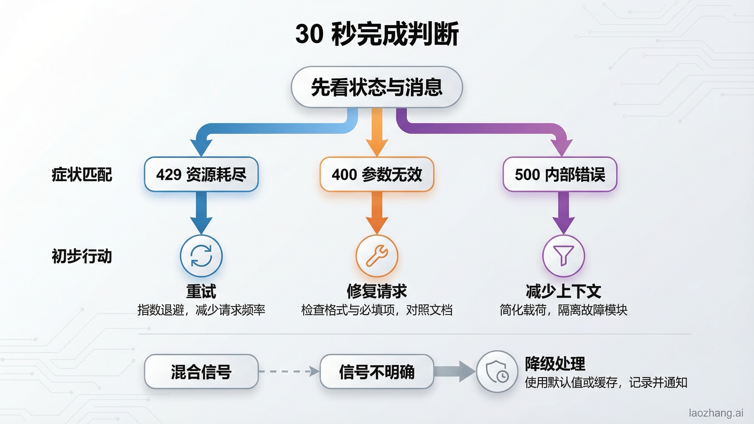 决策图：如何在 30 秒内判断 Gemini API 的 429、400 与 500 错误。