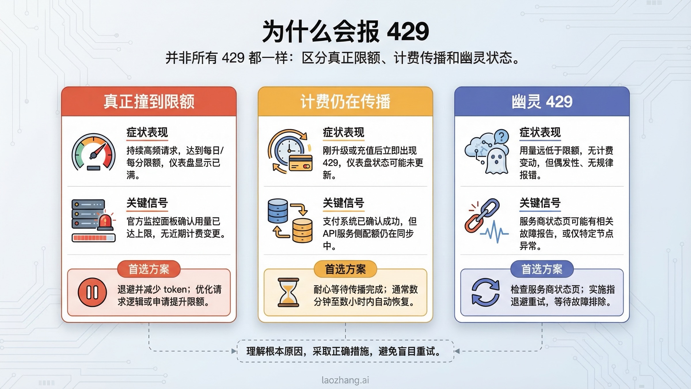 对比图：Gemini API 三种常见 429 场景，分别是真实限额、计费传播与幽灵 429。