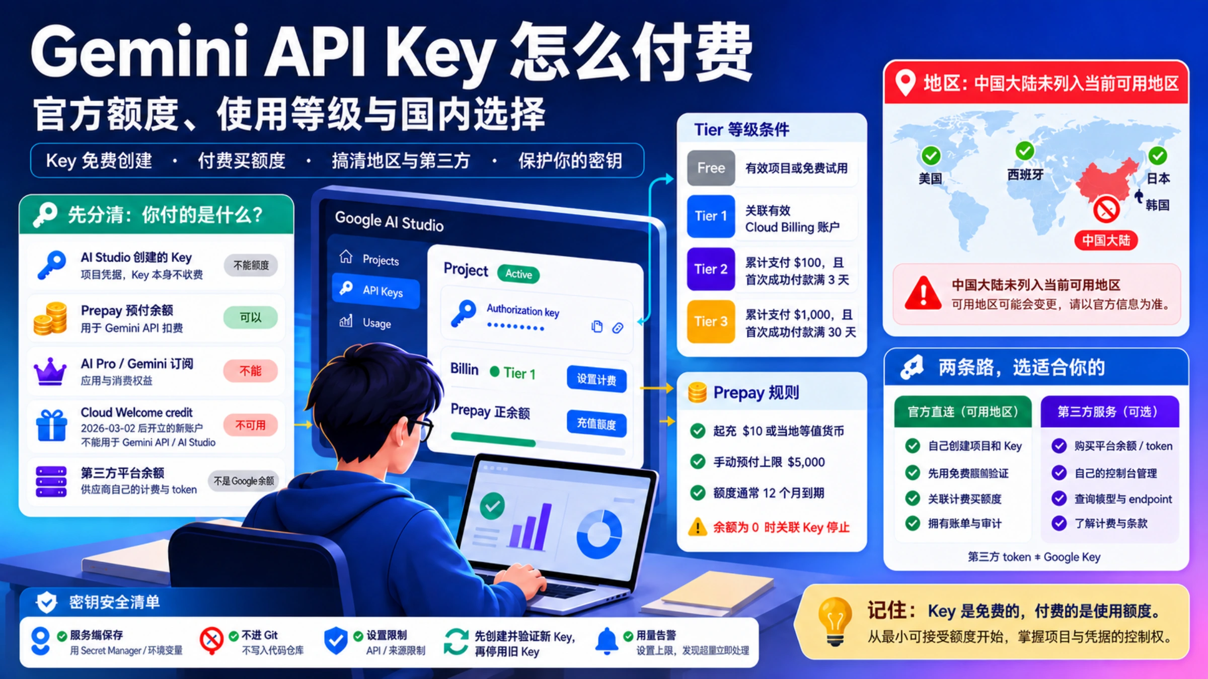 Gemini API Key 官方额度、Tier 条件、地区边界、第三方服务与密钥安全总览