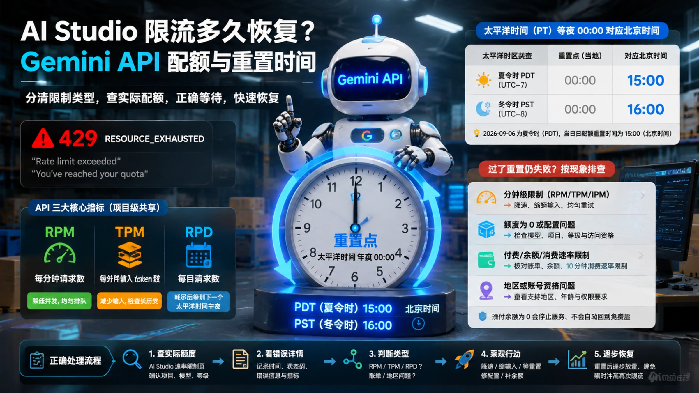 Gemini API 限流与恢复概览，展示 RPM、TPM、RPD 和北京时间夏令时 15:00、冬令时 16:00 的日配额重置点