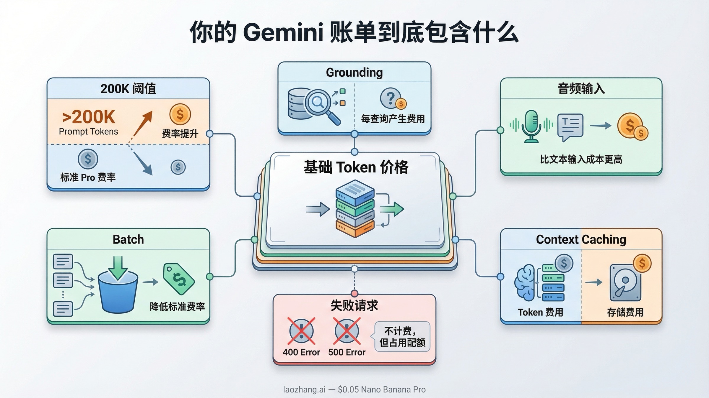 展示基础 Token 价格之外，哪些因素会继续改变 Gemini API 账单的分层计费示意图。