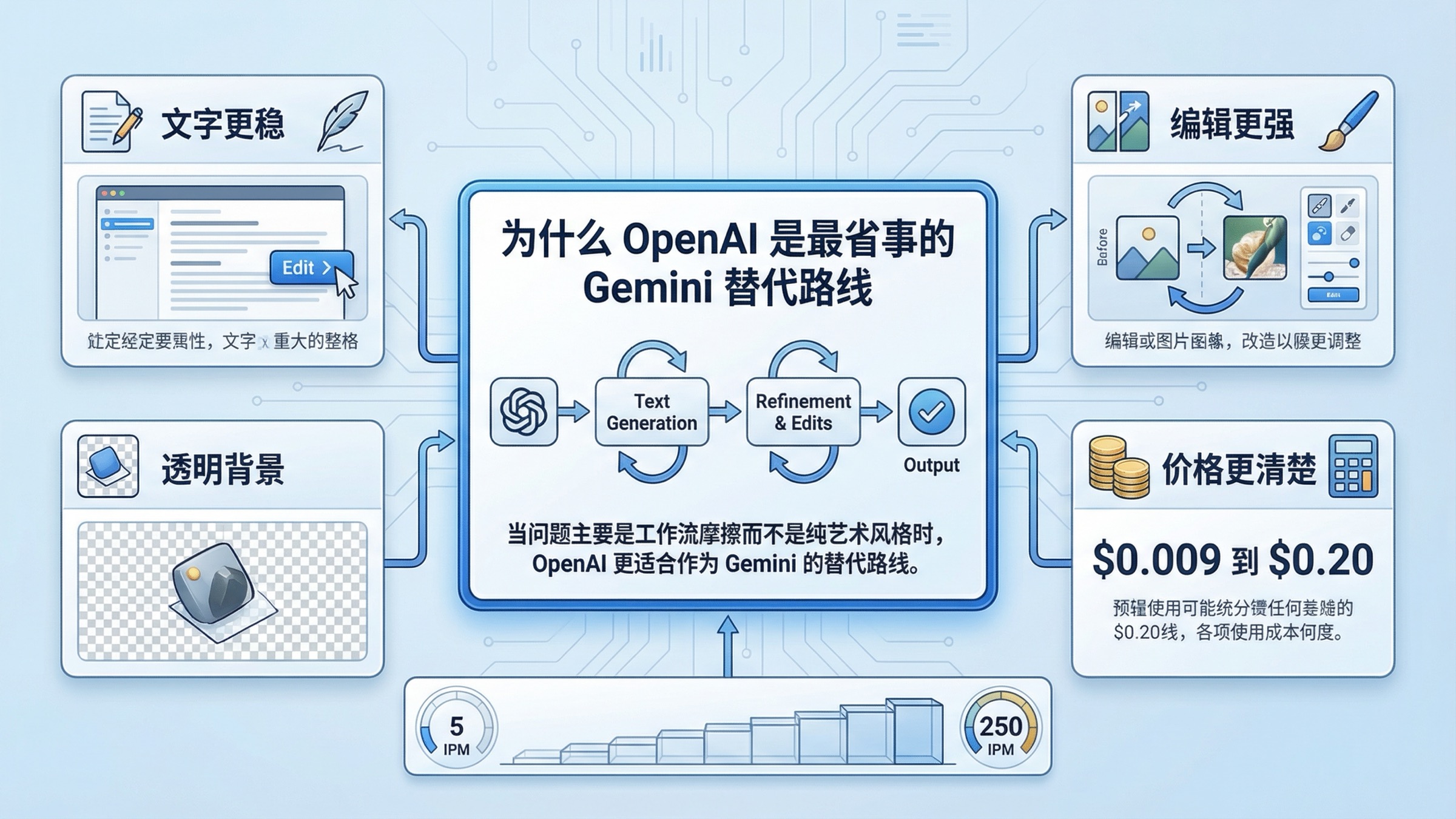 OpenAI 替代 Gemini 的工作流板，突出文字密集素材、编辑回合、透明背景和更清晰的价格逻辑