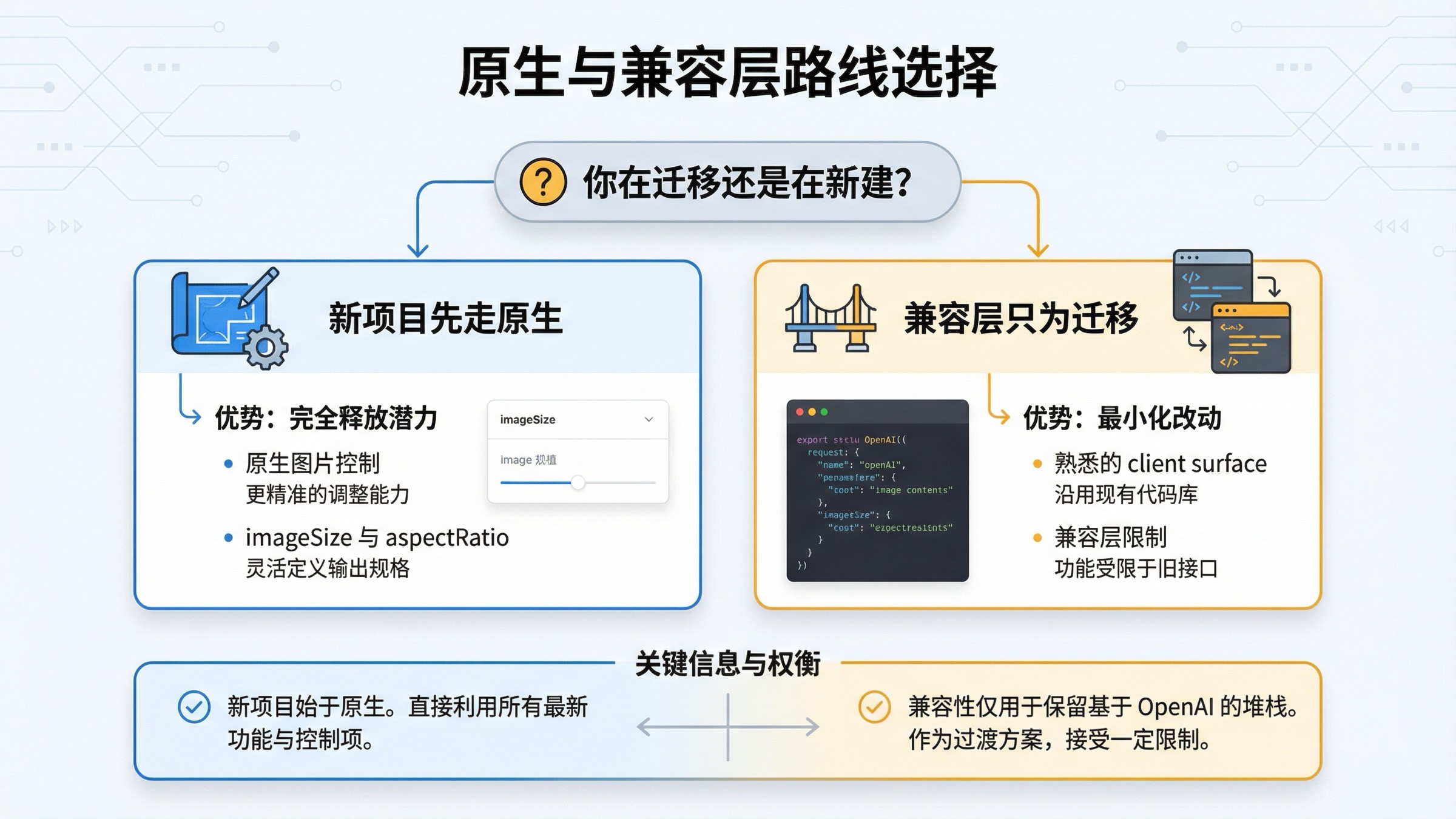 对比决策图：左侧是原生 Gemini 图片生成，右侧是 OpenAI 兼容路线，说明什么情况下应该继续走原生，什么情况下兼容层更适合迁移。