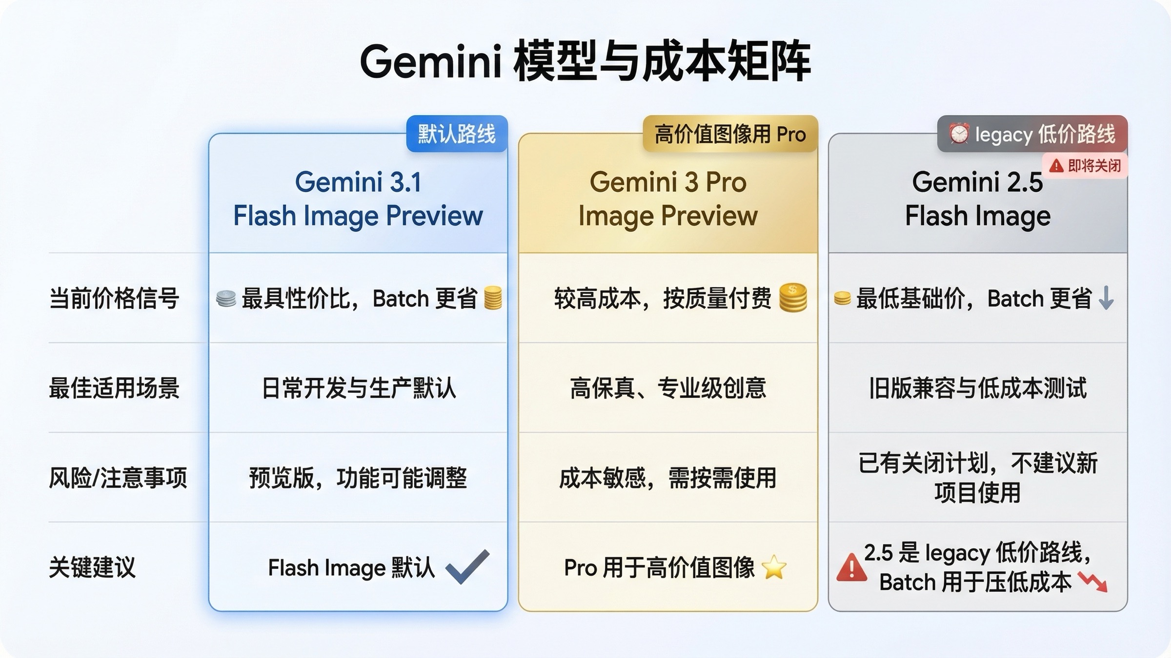 模型与成本矩阵,对比用于代码示例的 Gemini 3.1 Flash Image Preview、Gemini 3 Pro Image Preview 与 Gemini 2.5 Flash Image。