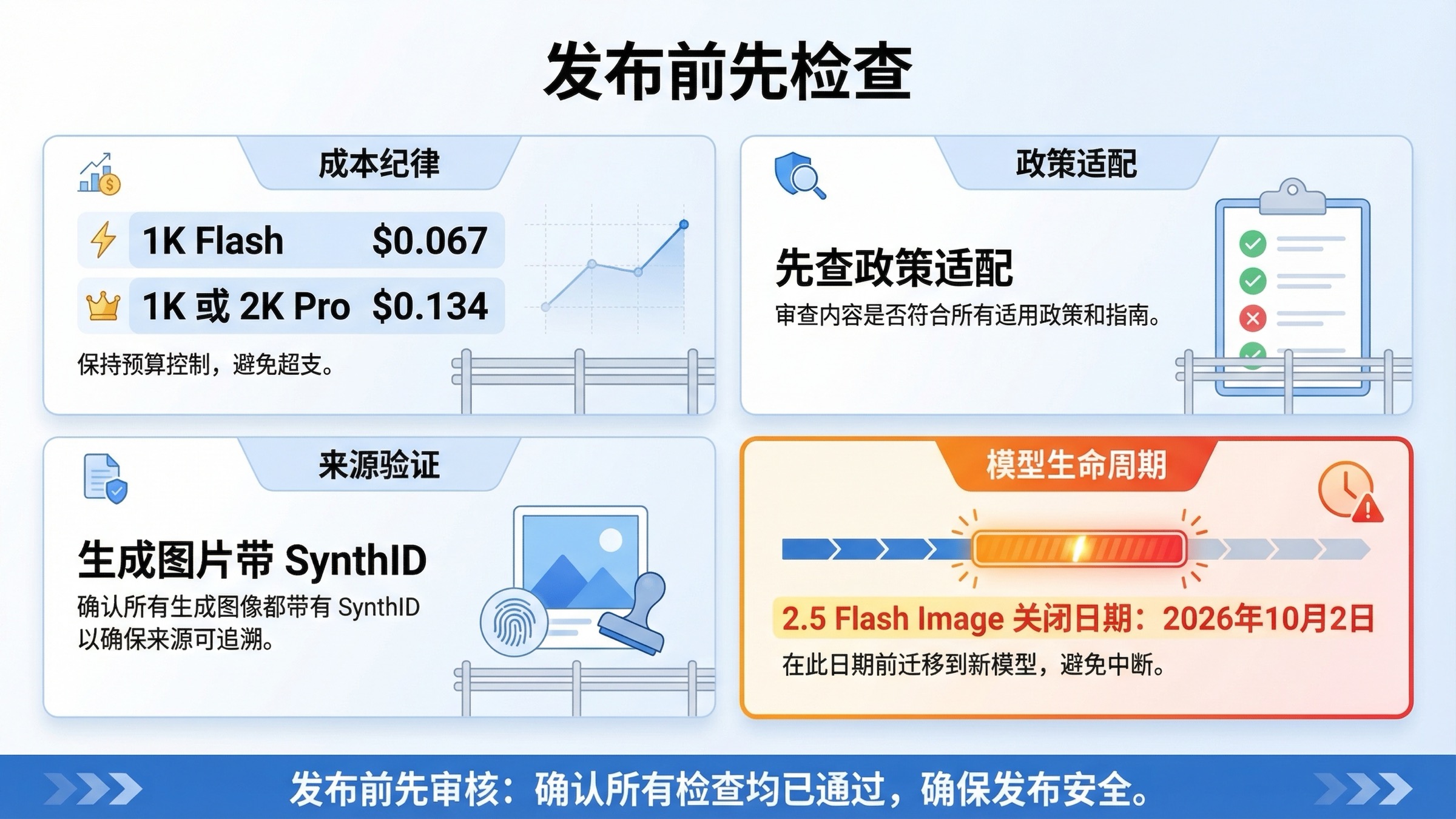 汇总 Gemini 营销图片在成本、政策、来源标记和模型生命周期上的发布前检查板。