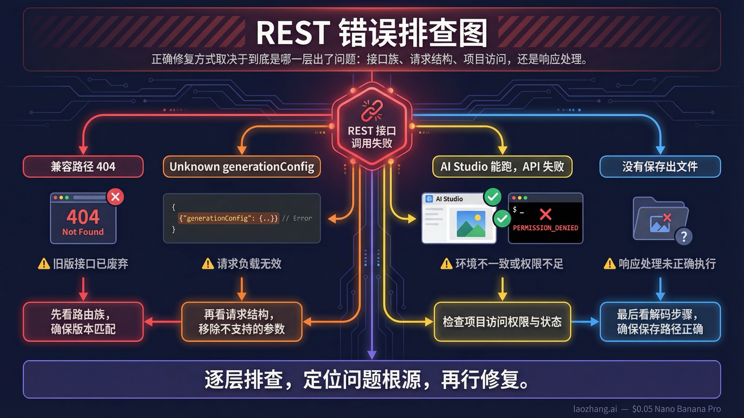 故障排查图,展示如何在 Gemini 图片 REST 工作流里区分 404、无效 payload、项目不匹配和缺少图片解码步骤。