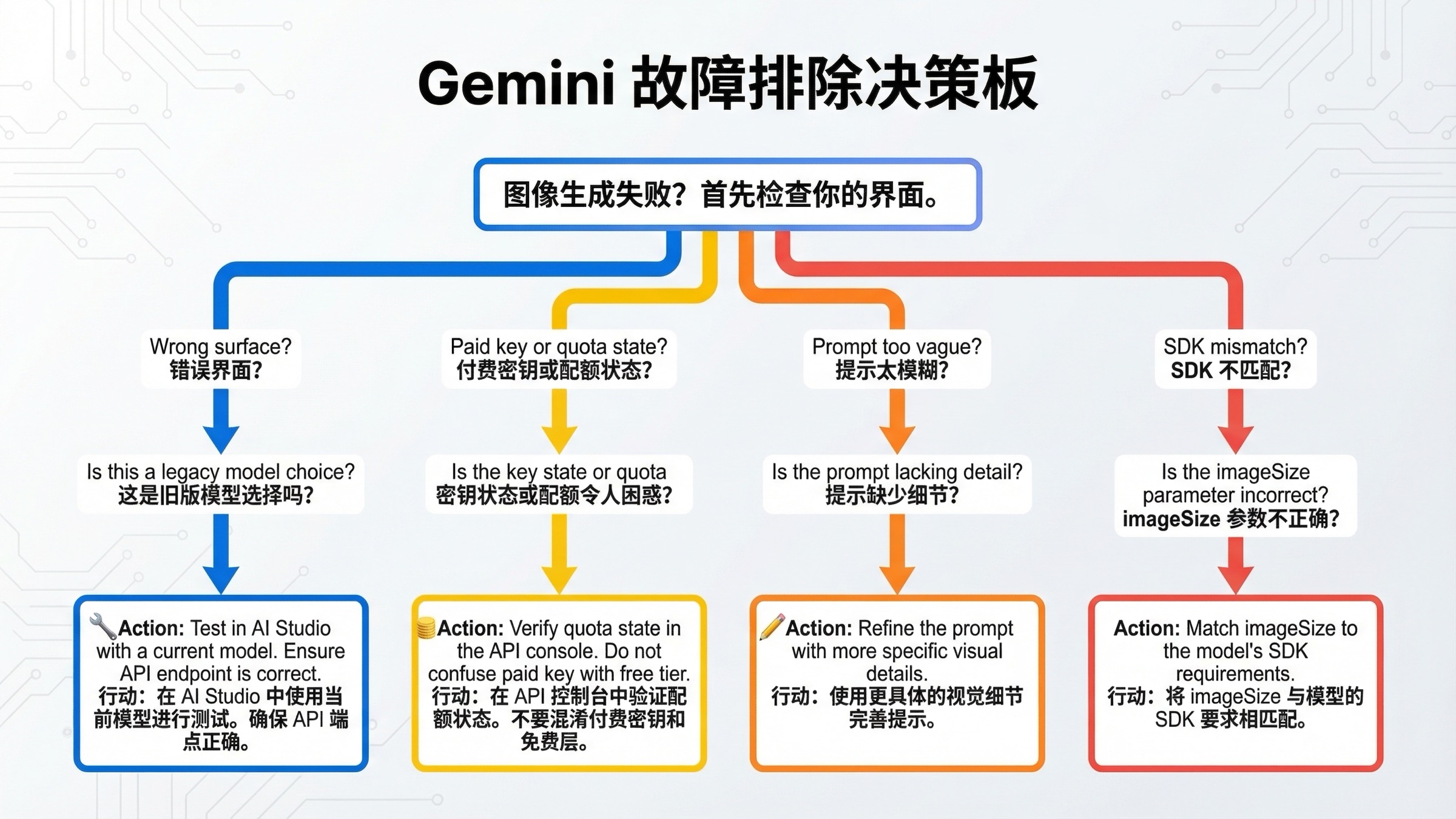 用于排查 Gemini 图片生成问题的决策图，包括错误入口、配额或 key 状态、提示词过泛、SDK 不匹配和 legacy 模型选择。
