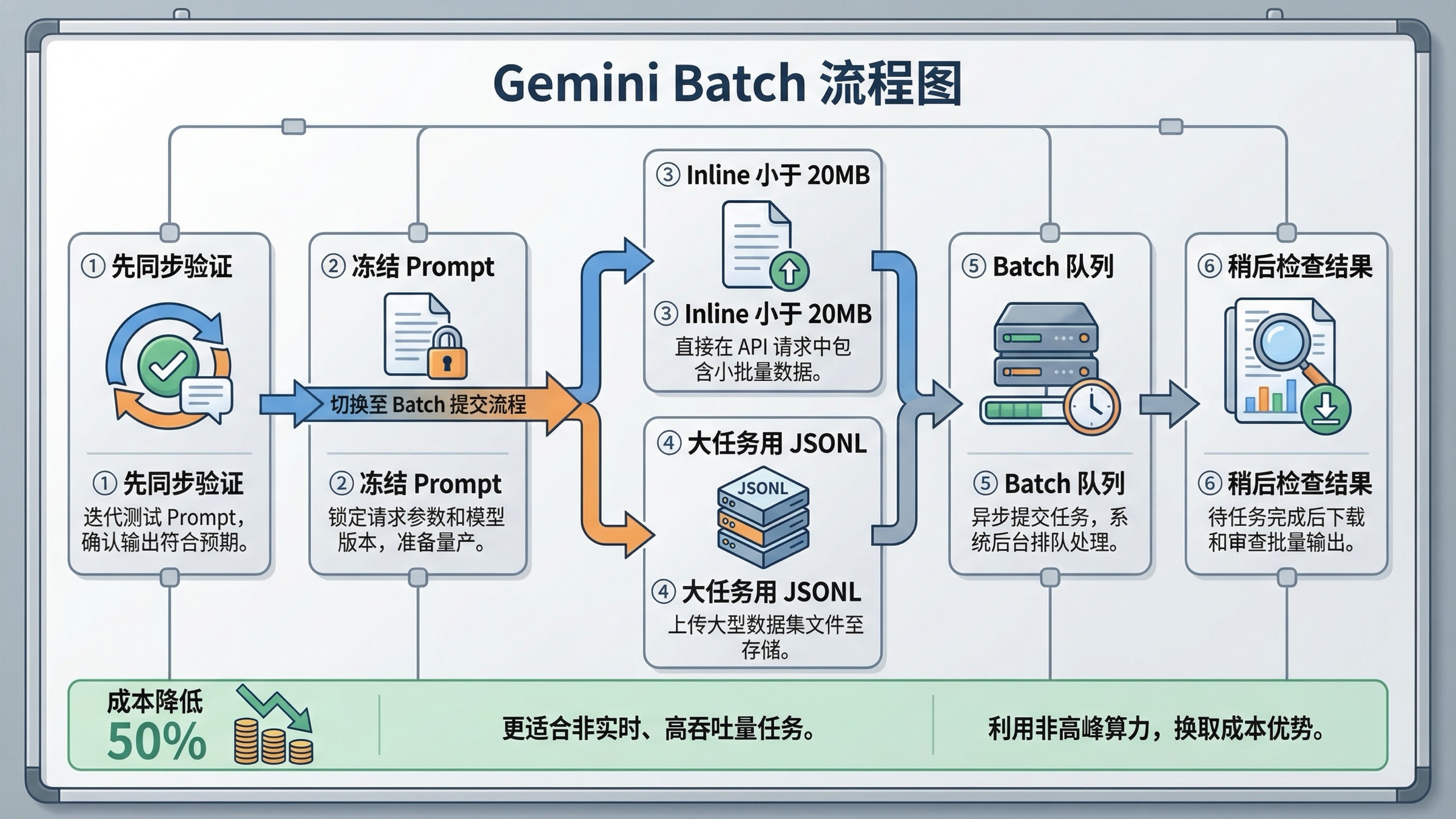工作流图展示 Gemini 图片 Batch API 的安全顺序:先同步验证 prompt,再冻结请求结构,最后用 JSONL 和队列执行。