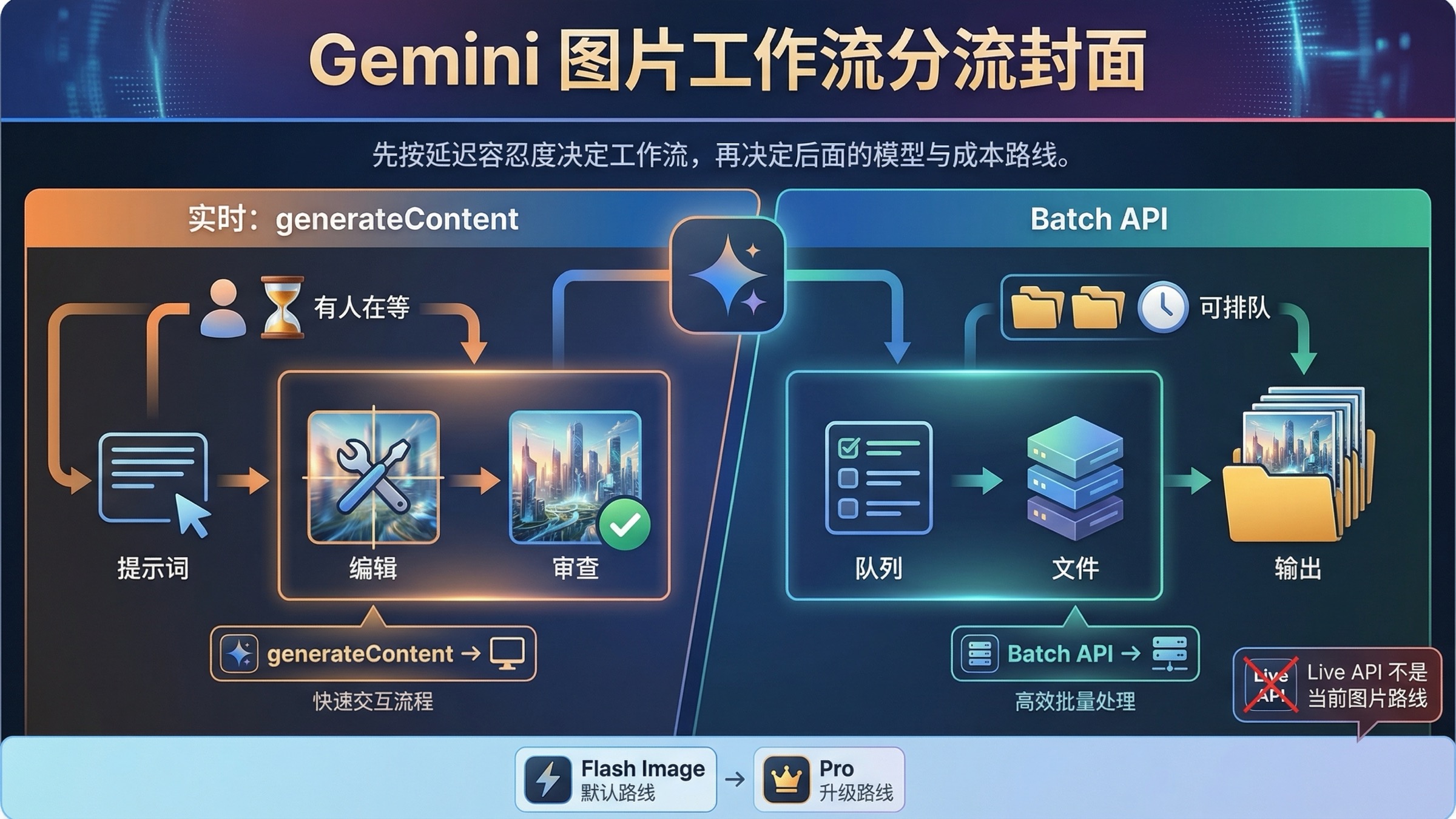 展示 Gemini 图片生成中同步 generateContent 与 Batch API 分流关系的封面图。