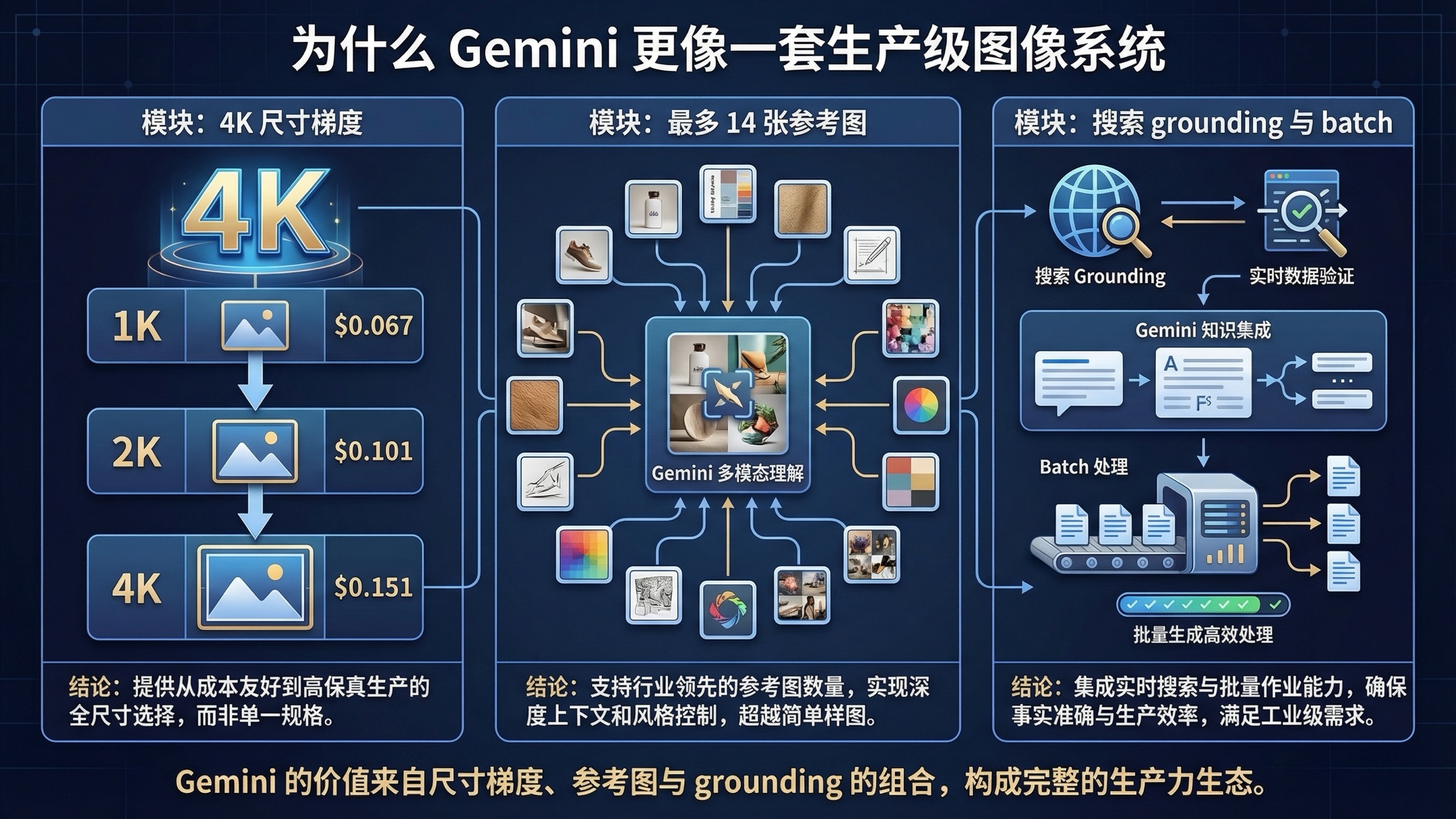 Gemini 图片能力图：展示 1K、2K、4K 输出、14 张参考图、Google Search grounding 与价格信号。