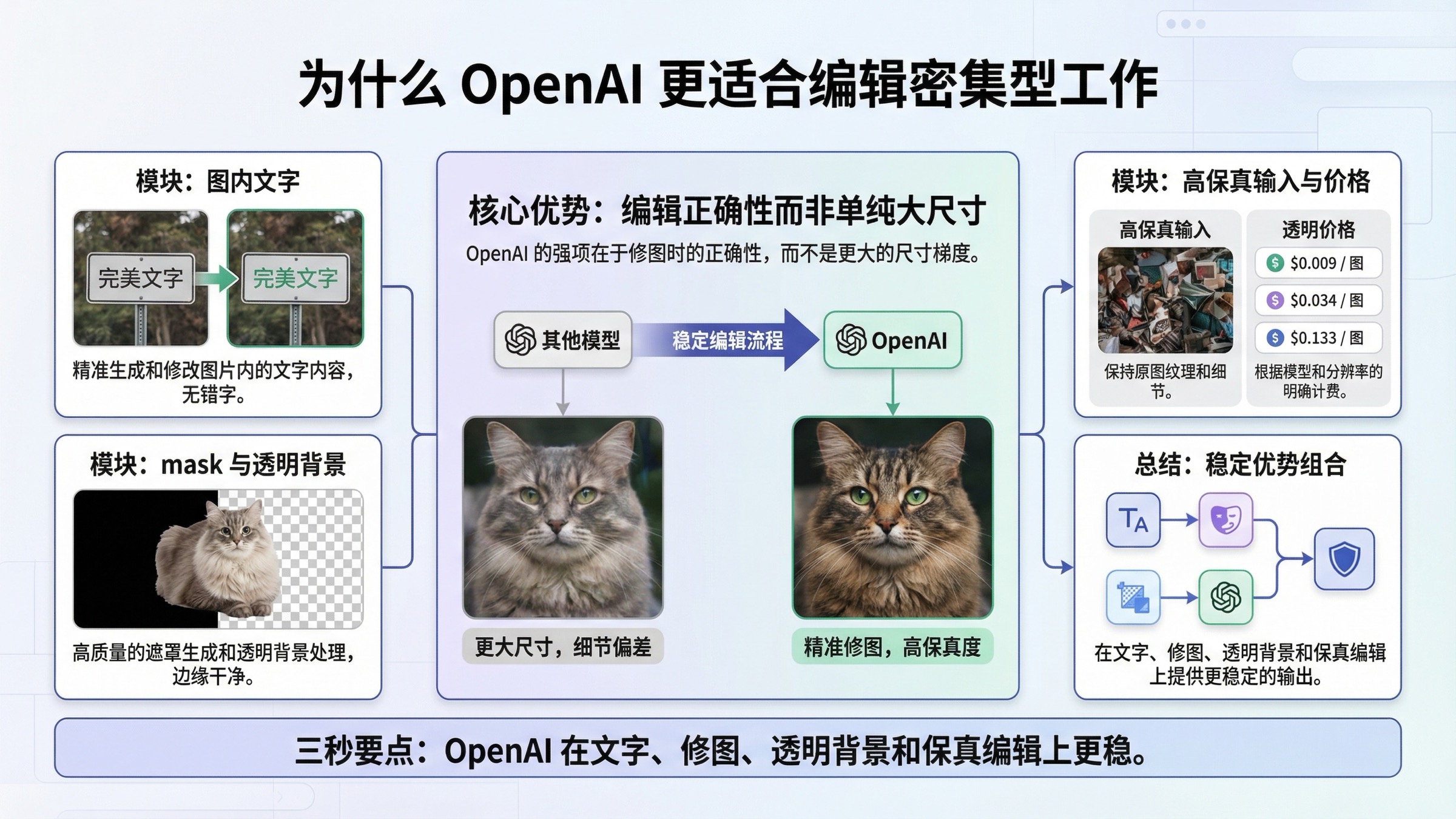 OpenAI 图片能力图：展示文字渲染、mask 编辑、透明背景、高输入保真和 GPT Image 1.5 当前价格。